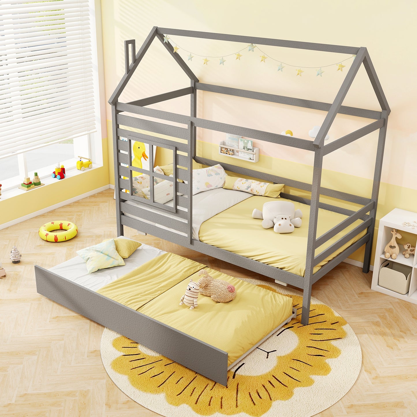 Twin Size Wooden Platform House Bed with Trundle and Roof-Grey Kids Crystal