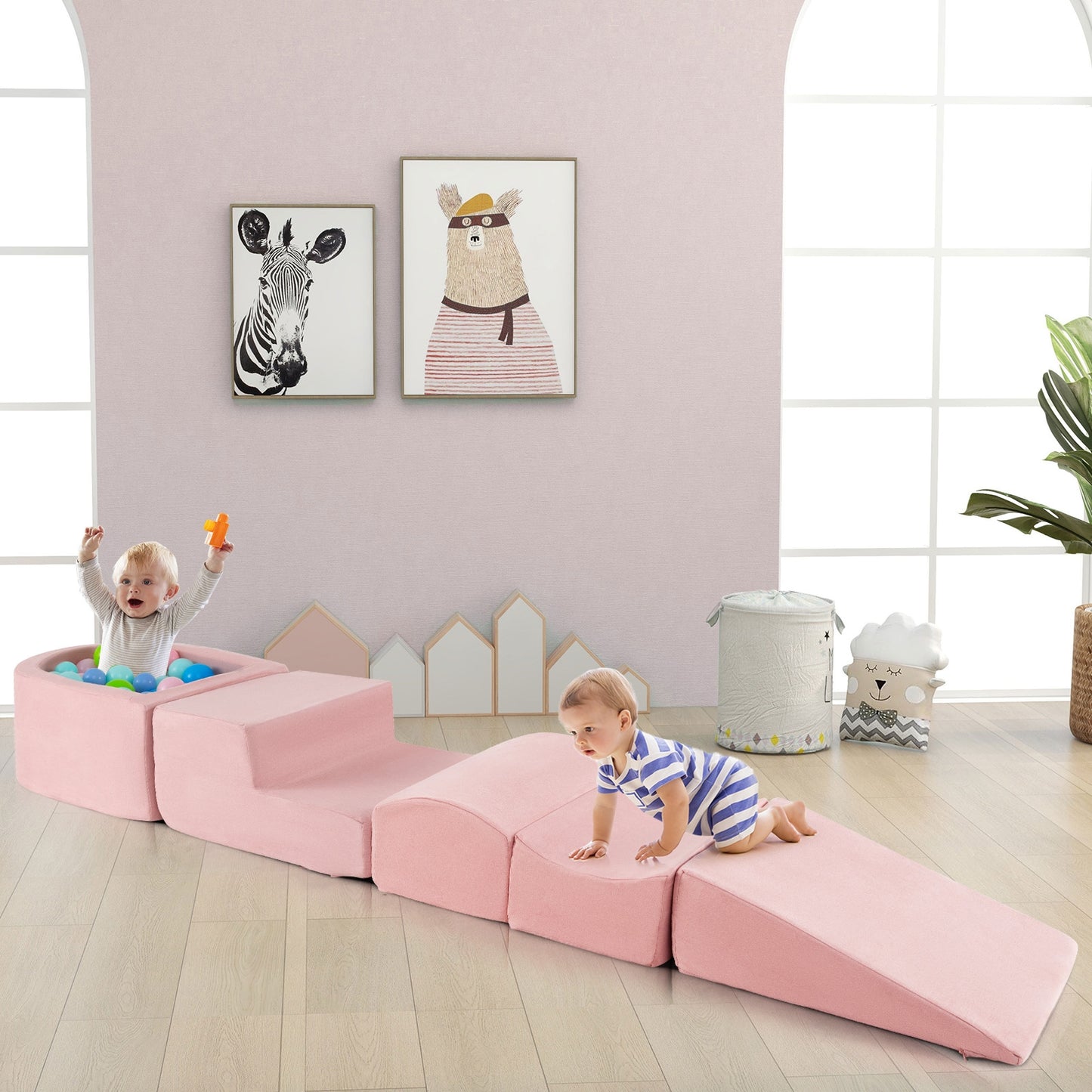 5-Piece Climb and Crawl Playset with Ball Pit for Kids-Pink Kids Crystal