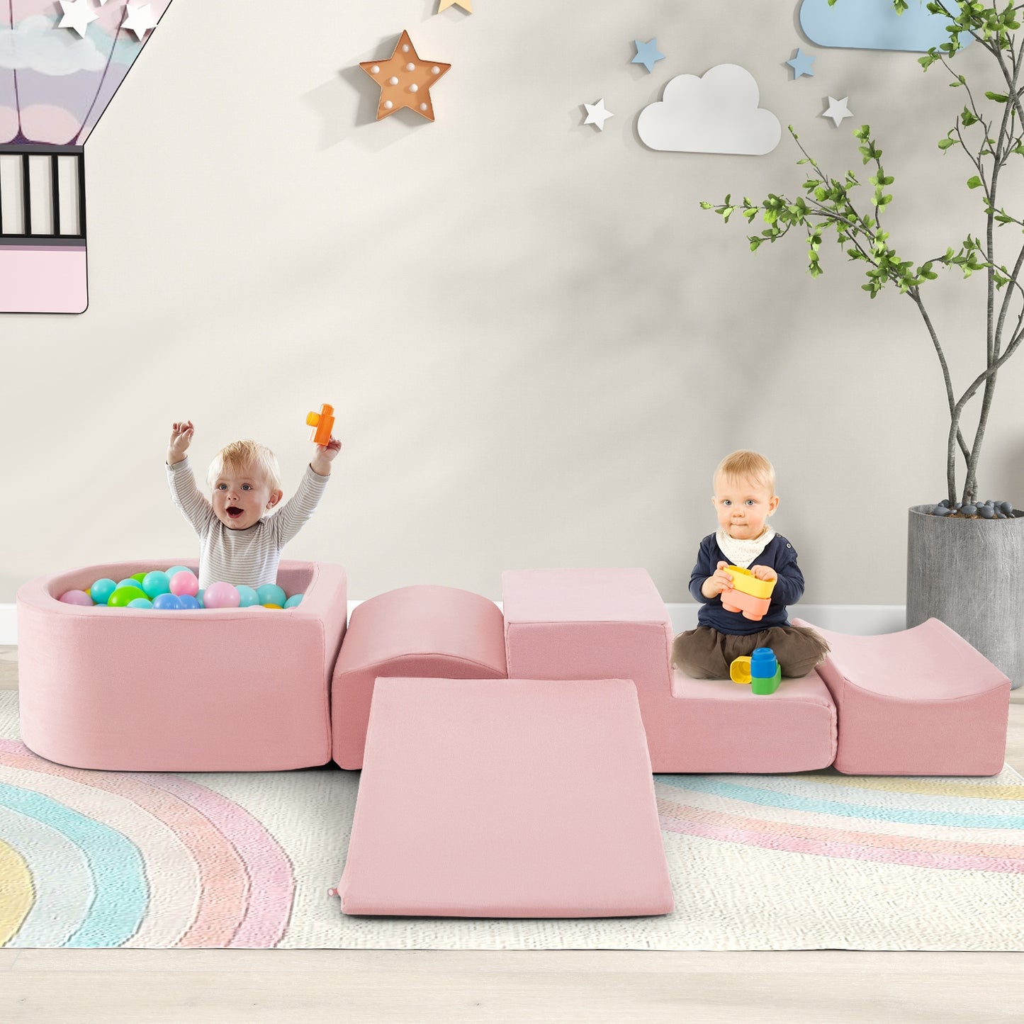 5-Piece Climb and Crawl Playset with Ball Pit for Kids-Pink Kids Crystal