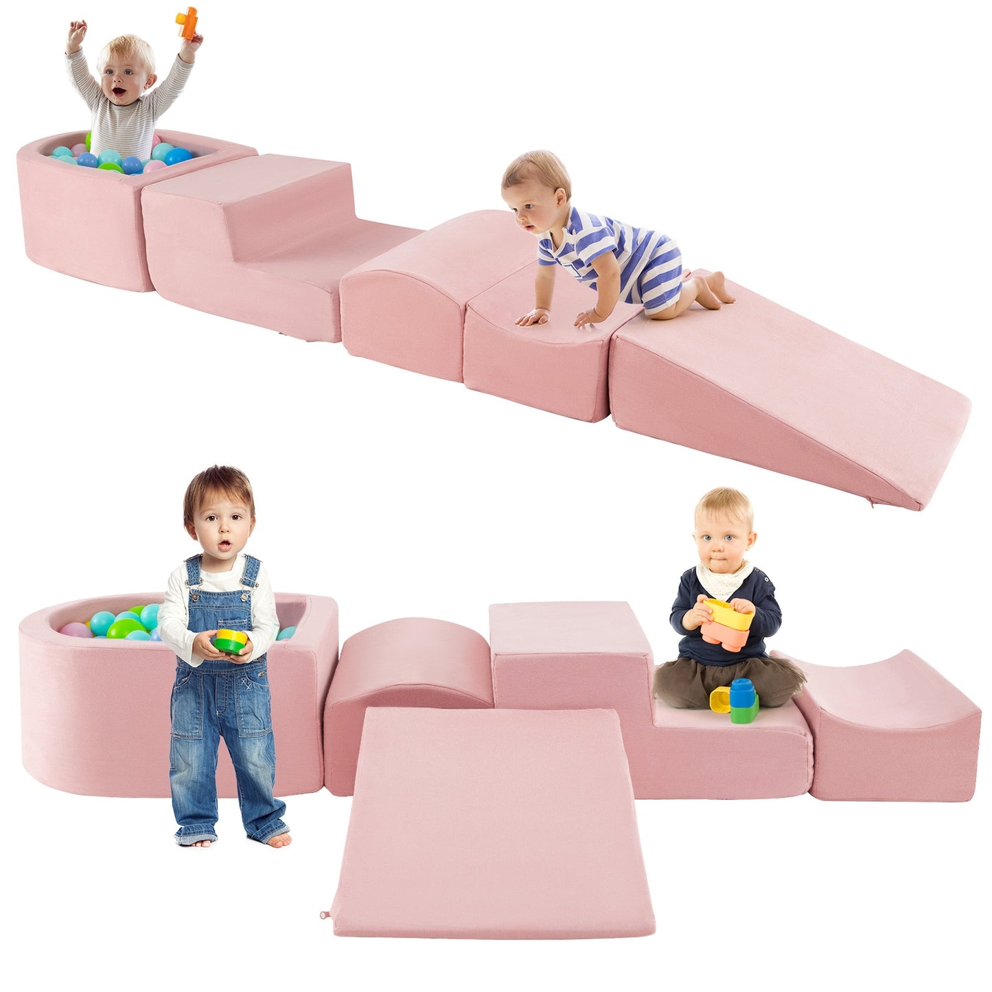 5-Piece Climb and Crawl Playset with Ball Pit for Kids-Pink Kids Crystal