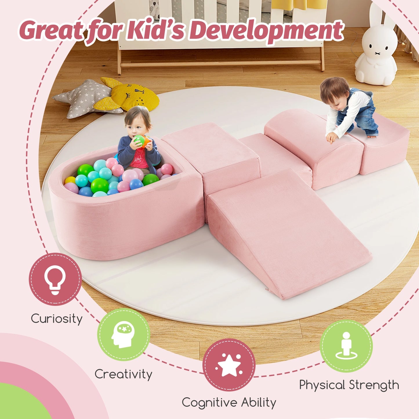 5-Piece Climb and Crawl Playset with Ball Pit for Kids-Pink Kids Crystal