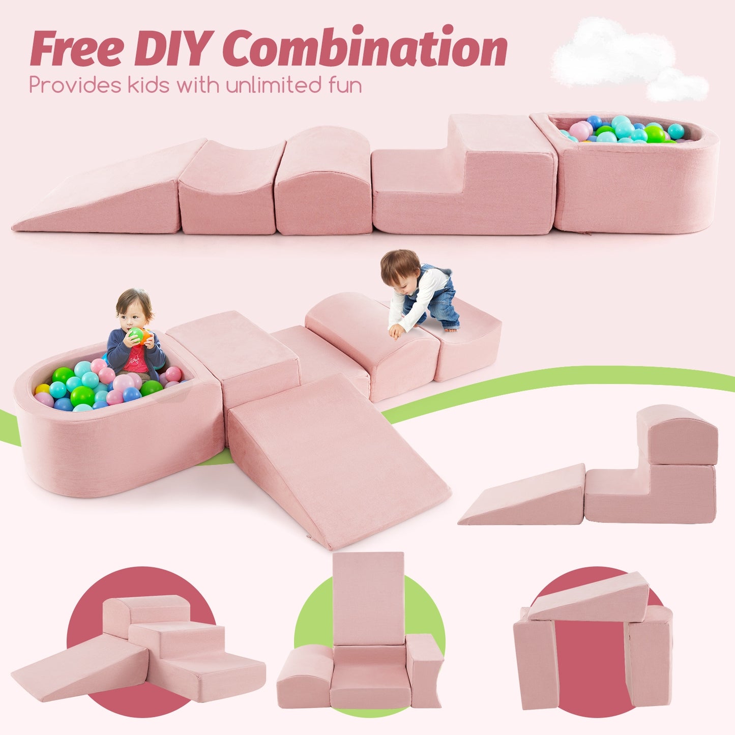 5-Piece Climb and Crawl Playset with Ball Pit for Kids-Pink Kids Crystal