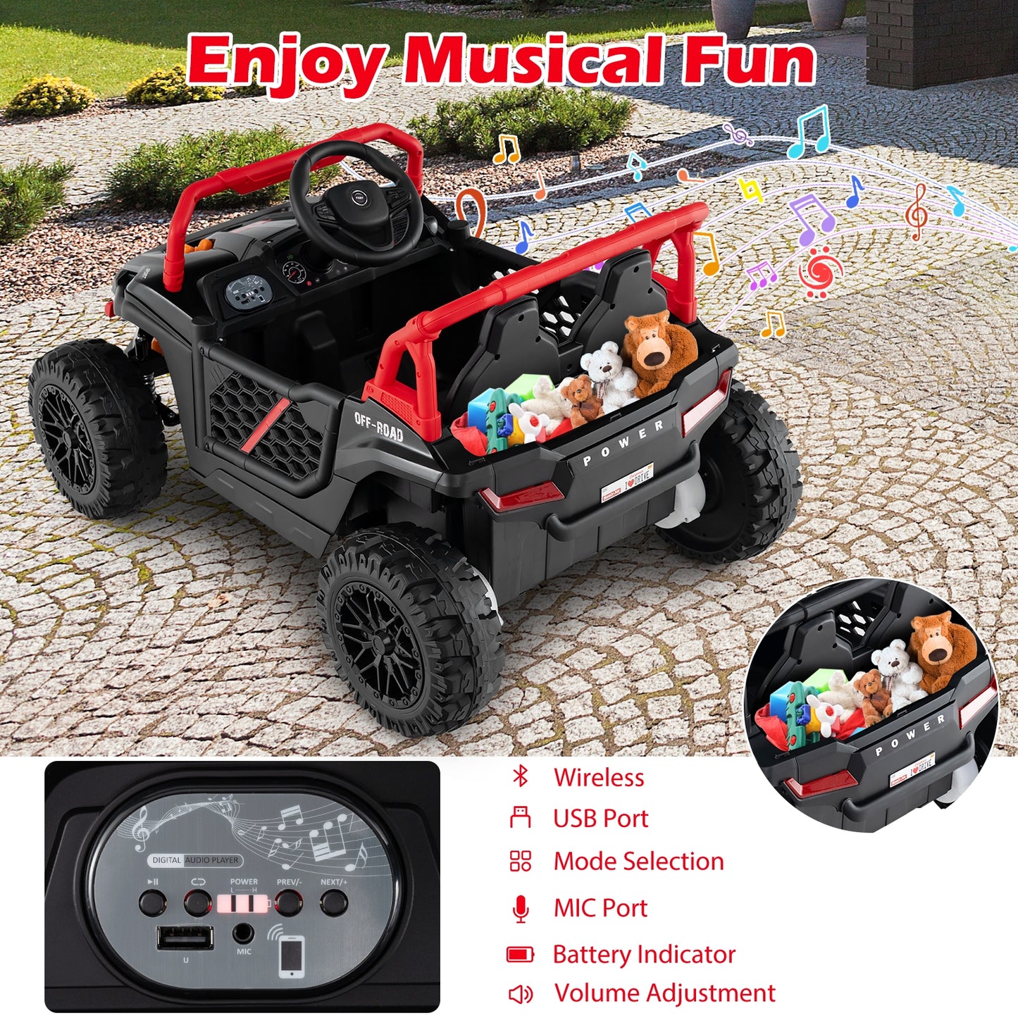 12V Kids Ride on Truck Off-Road UTV with Parental Remote and Lights-Black Kids Crystal