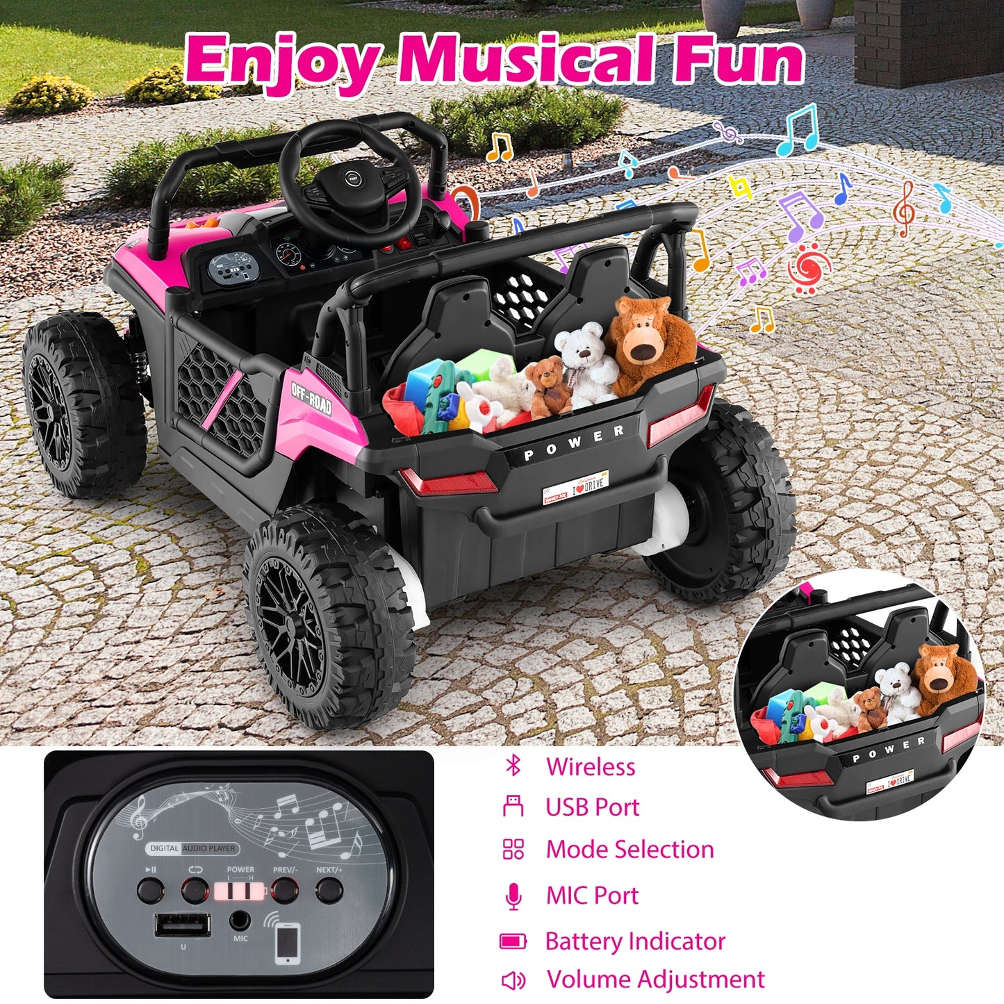 12V Kids Ride on Truck Off-Road UTV with Parental Remote and Lights-Pink