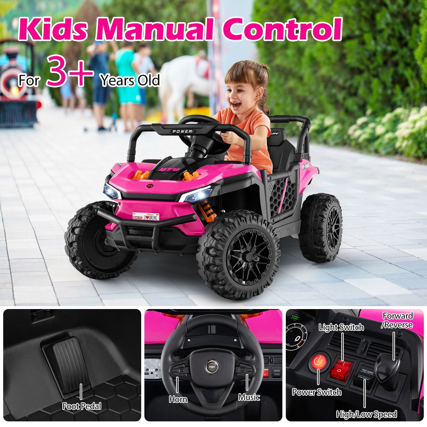 12V Kids Ride on Truck Off-Road UTV with Parental Remote and Lights-Pink Kids Crystal