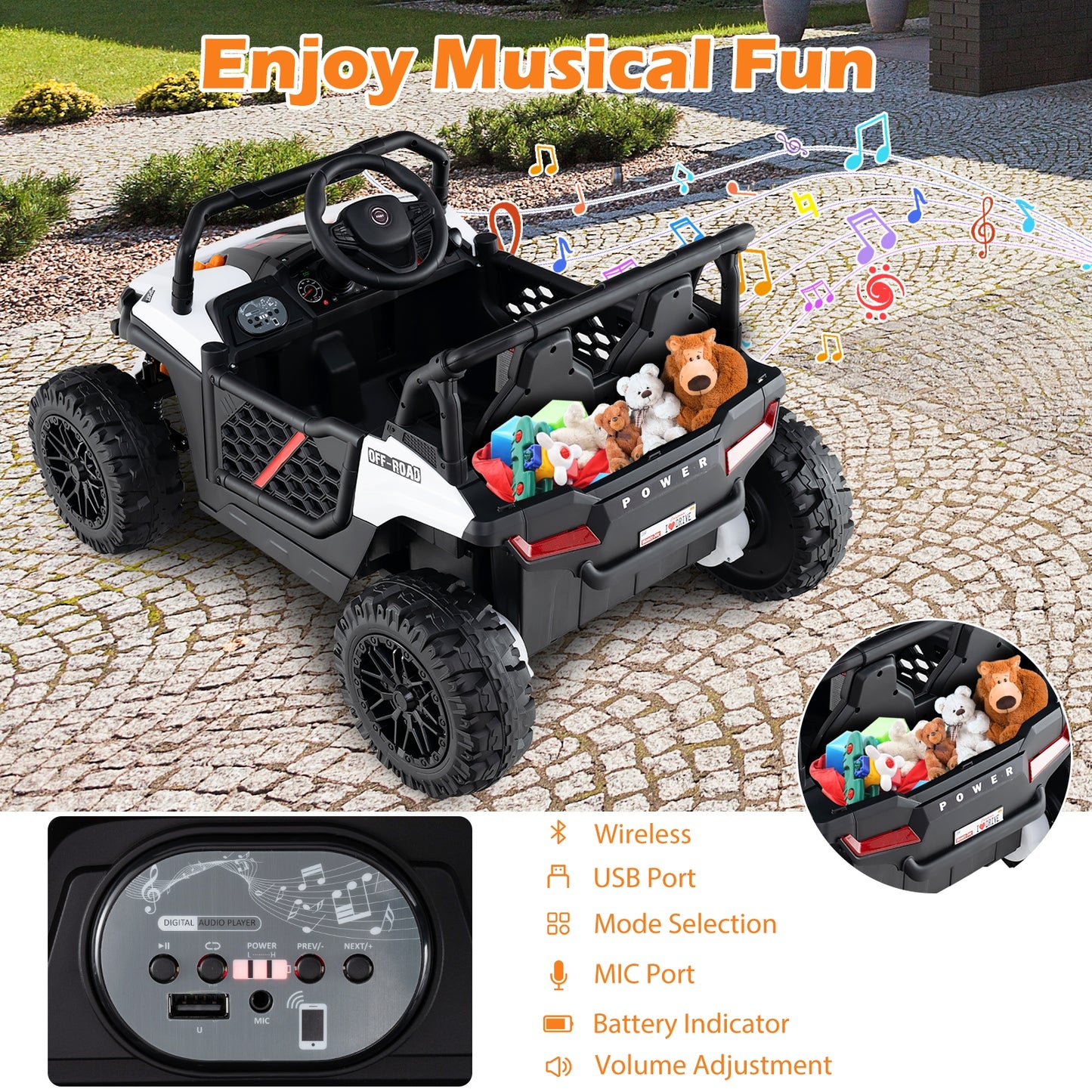 12V Kids Ride on Truck Off-Road UTV with Parental Remote and Lights-White Kids Crystal