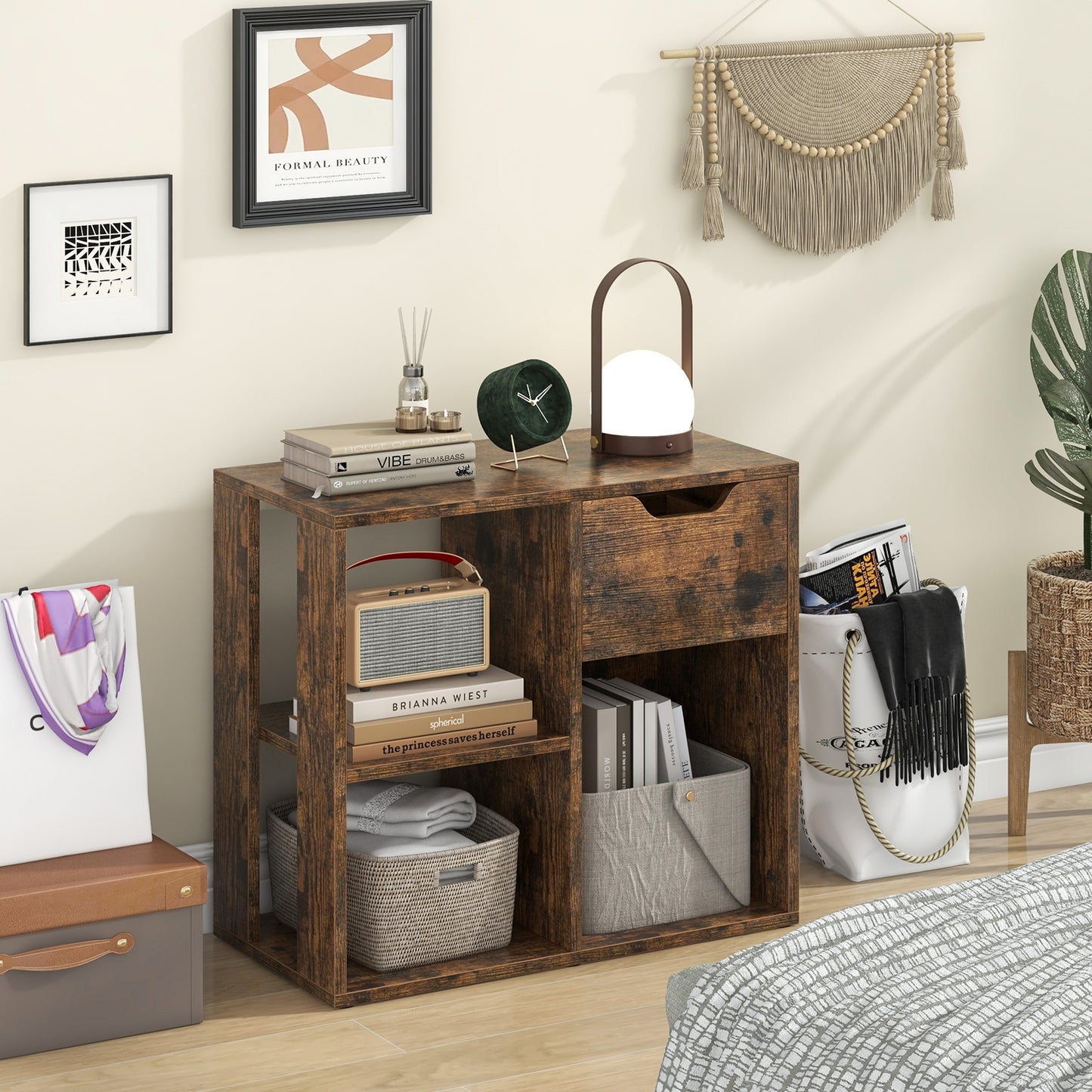 3-Cube Bookcase 2-tier Wooden Storage Shelf with Pull-out Drawer-Brown Kids Crystal