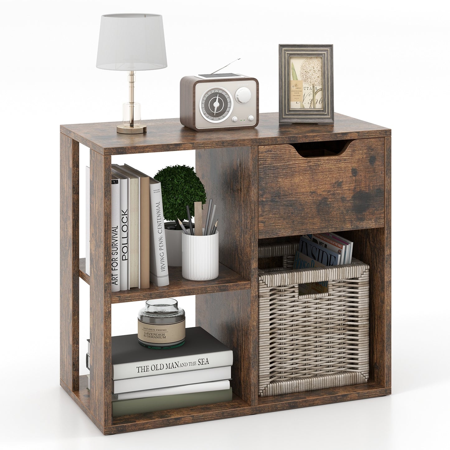 3-Cube Bookcase 2-tier Wooden Storage Shelf with Pull-out Drawer-Brown Kids Crystal