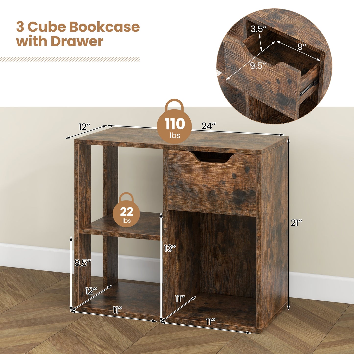 3-Cube Bookcase 2-tier Wooden Storage Shelf with Pull-out Drawer-Brown Kids Crystal