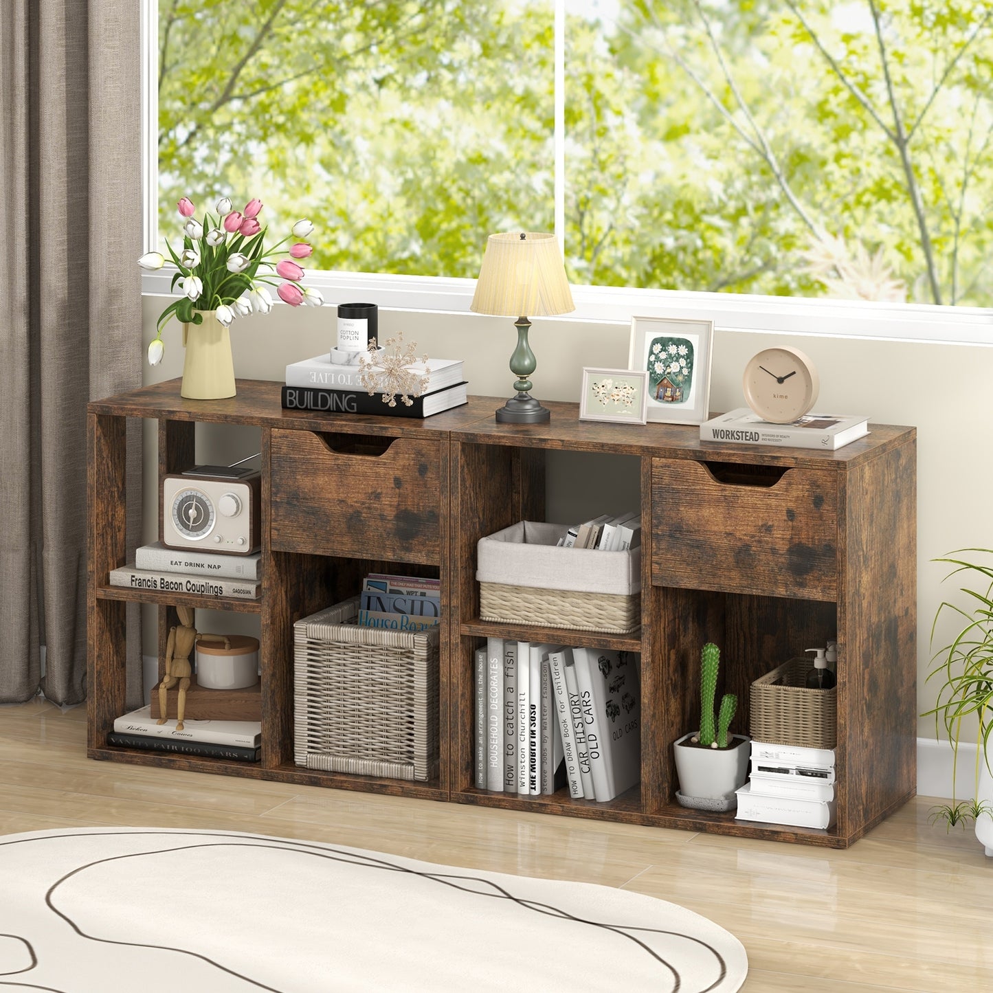 3-Cube Bookcase 2-tier Wooden Storage Shelf with Pull-out Drawer-Brown Kids Crystal