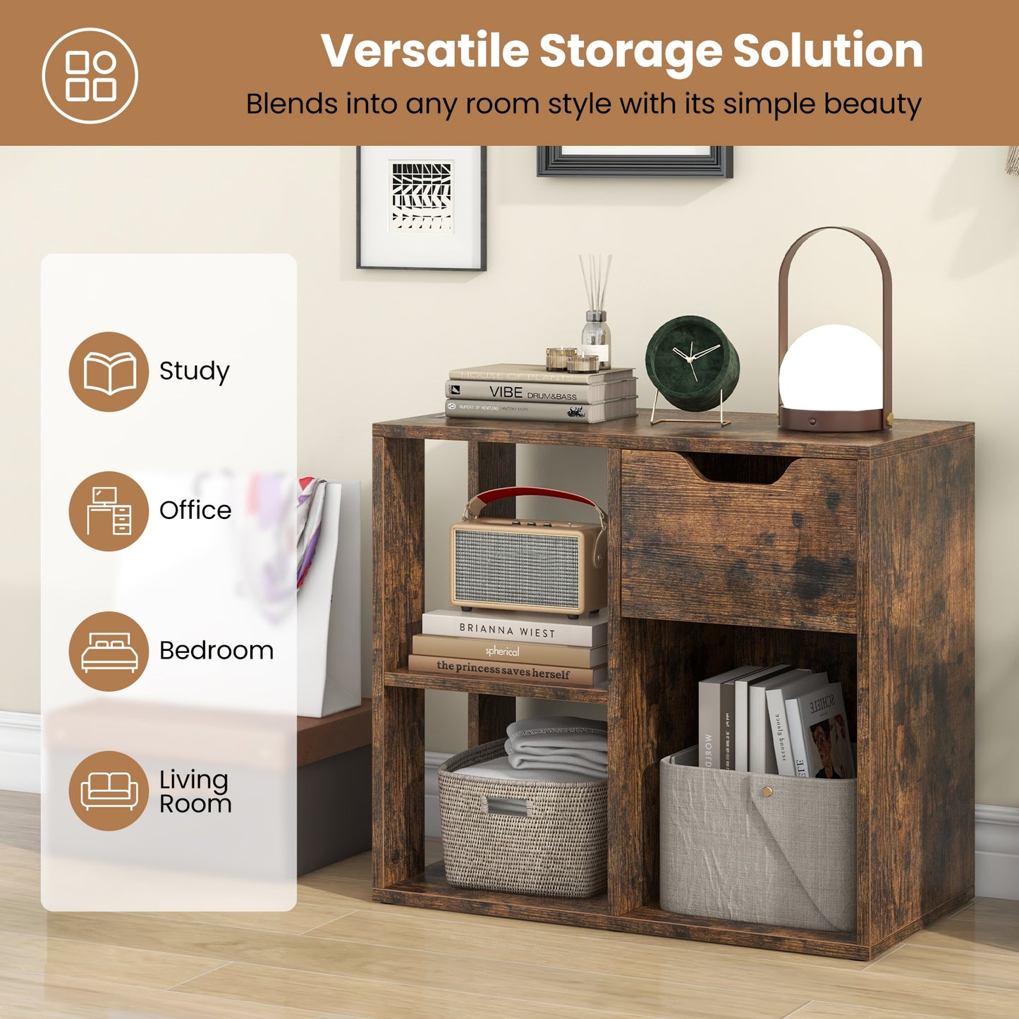 3-Cube Bookcase 2-tier Wooden Storage Shelf with Pull-out Drawer-Brown Kids Crystal