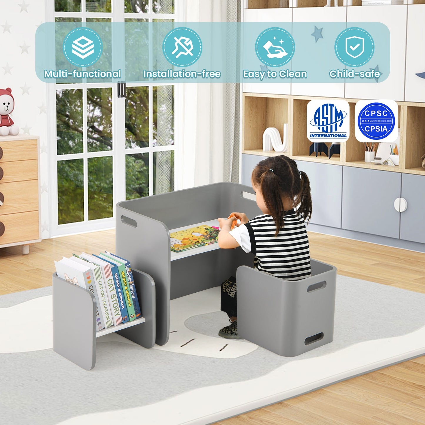 3 Pieces Kids Wooden Table and Chair Set-Gray Kids Crystal