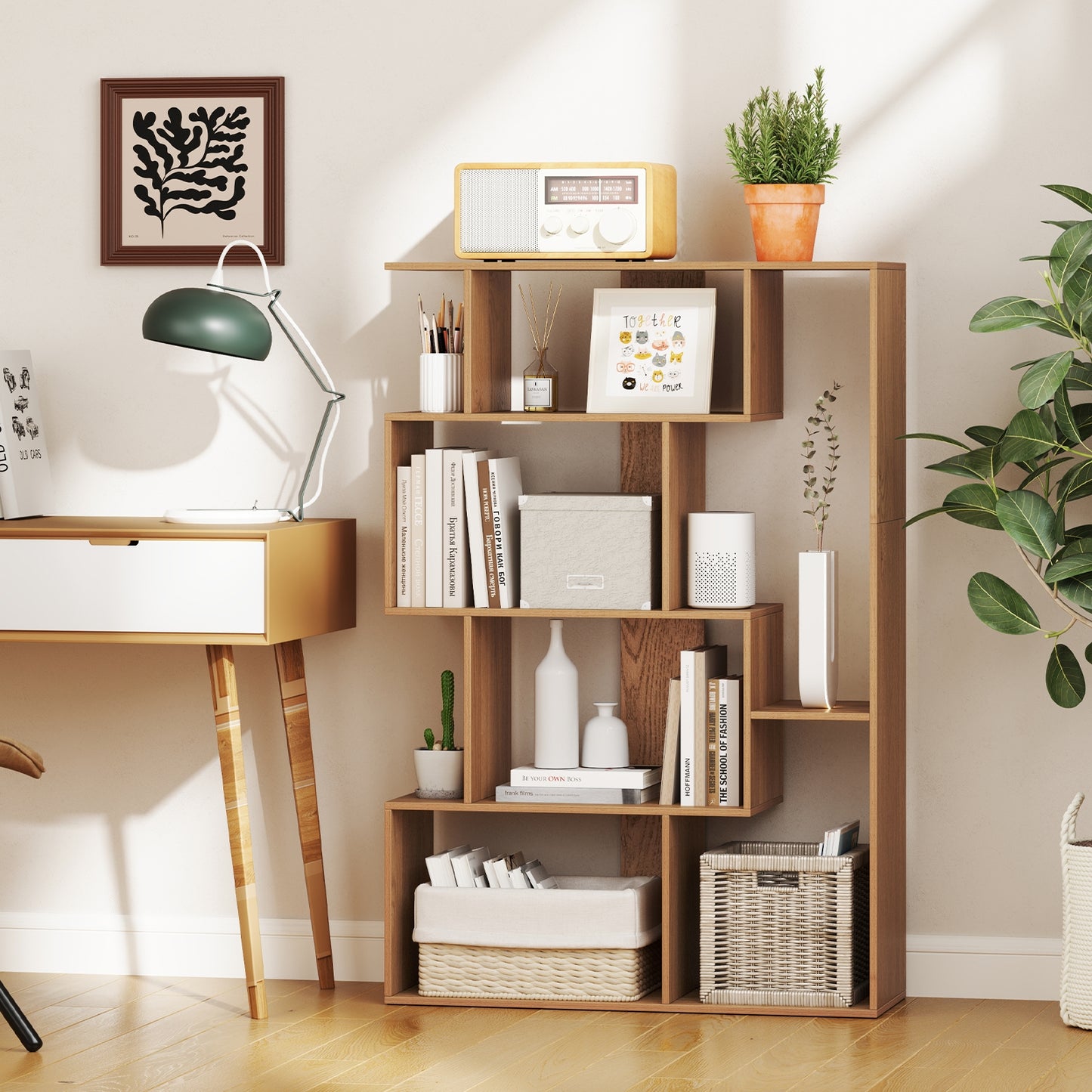 47 Inch 6-Cube Open-back Geometric Bookshelf for Bedroom Living Room-Natural Kids Crystal