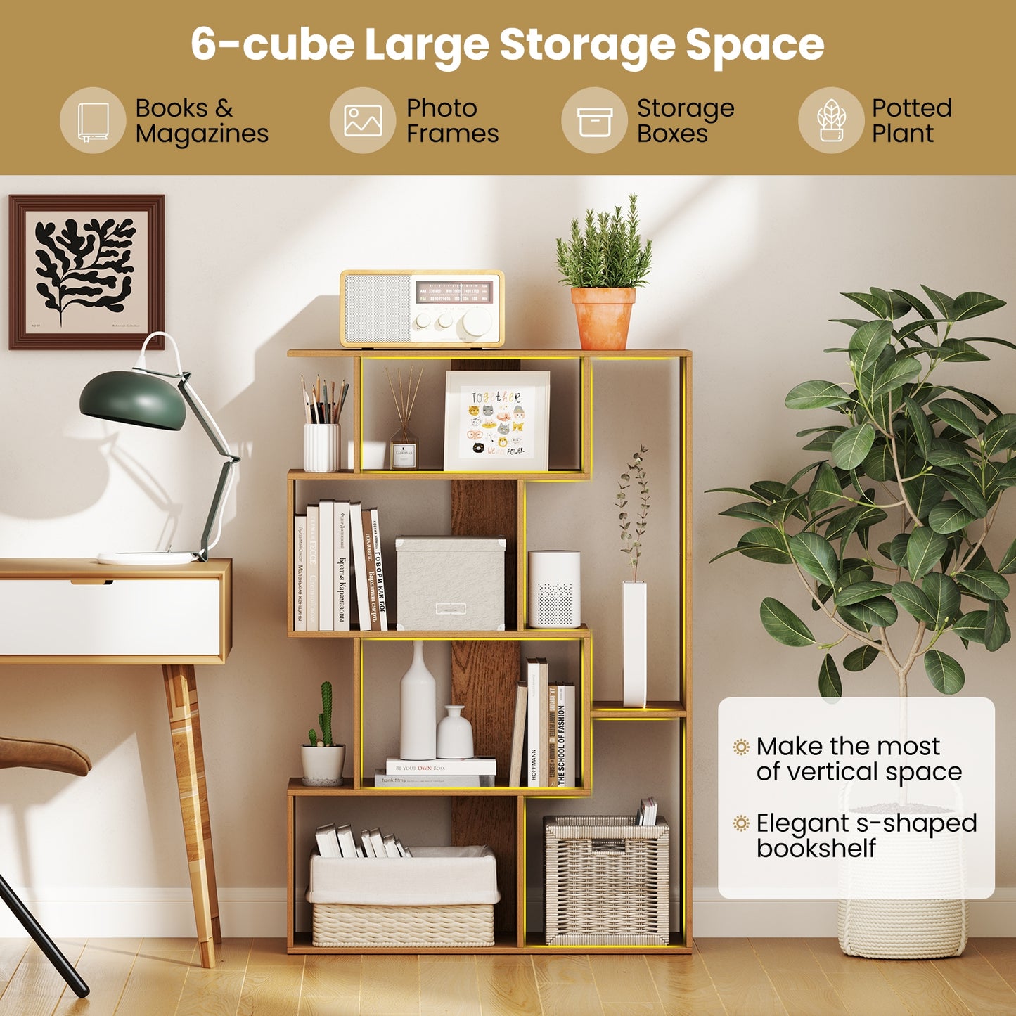 47 Inch 6-Cube Open-back Geometric Bookshelf for Bedroom Living Room-Natural Kids Crystal