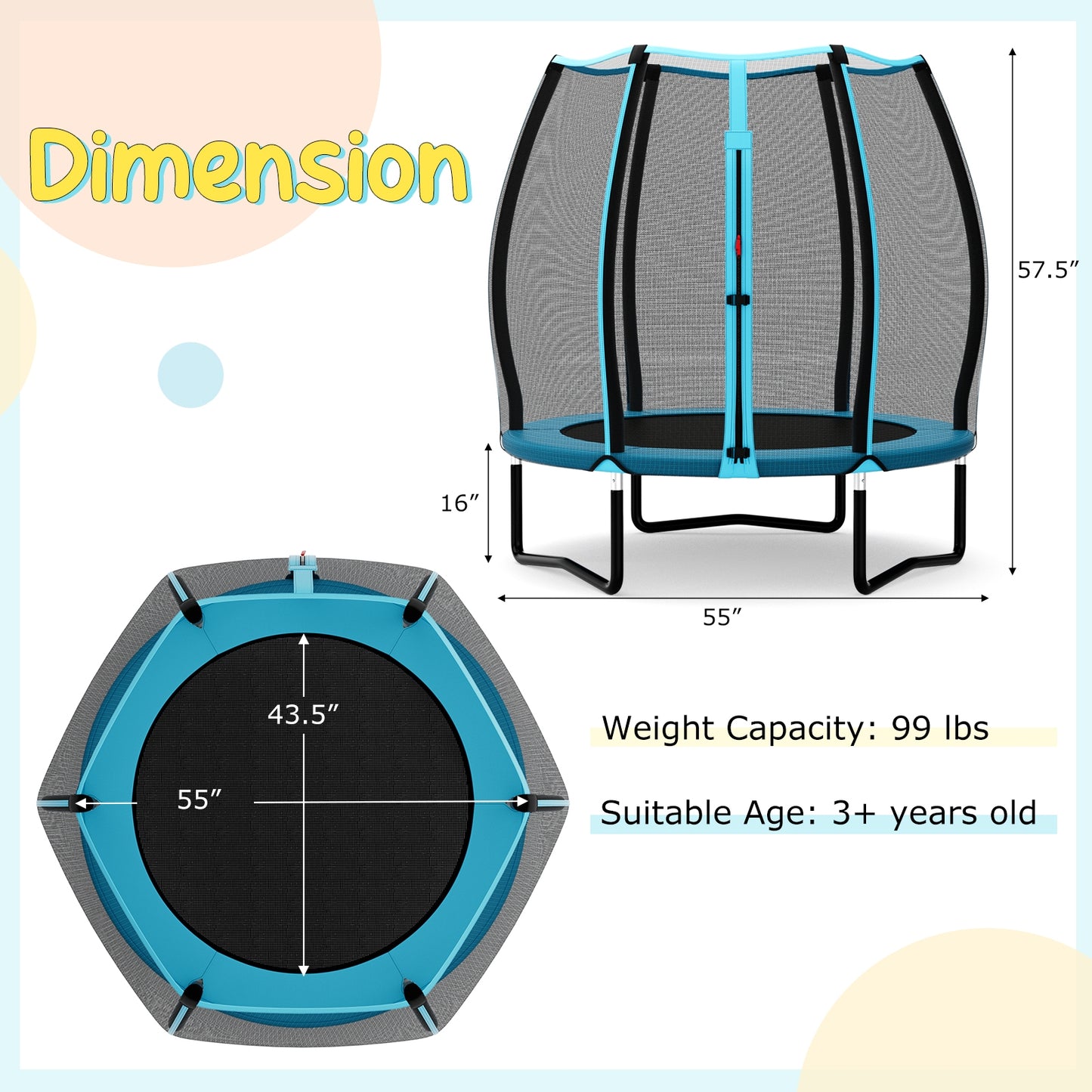 55 Inch Trampoline for Kids Toddler Mini Trampoline with Safety Enclosure Net-Blue Kids Crystal