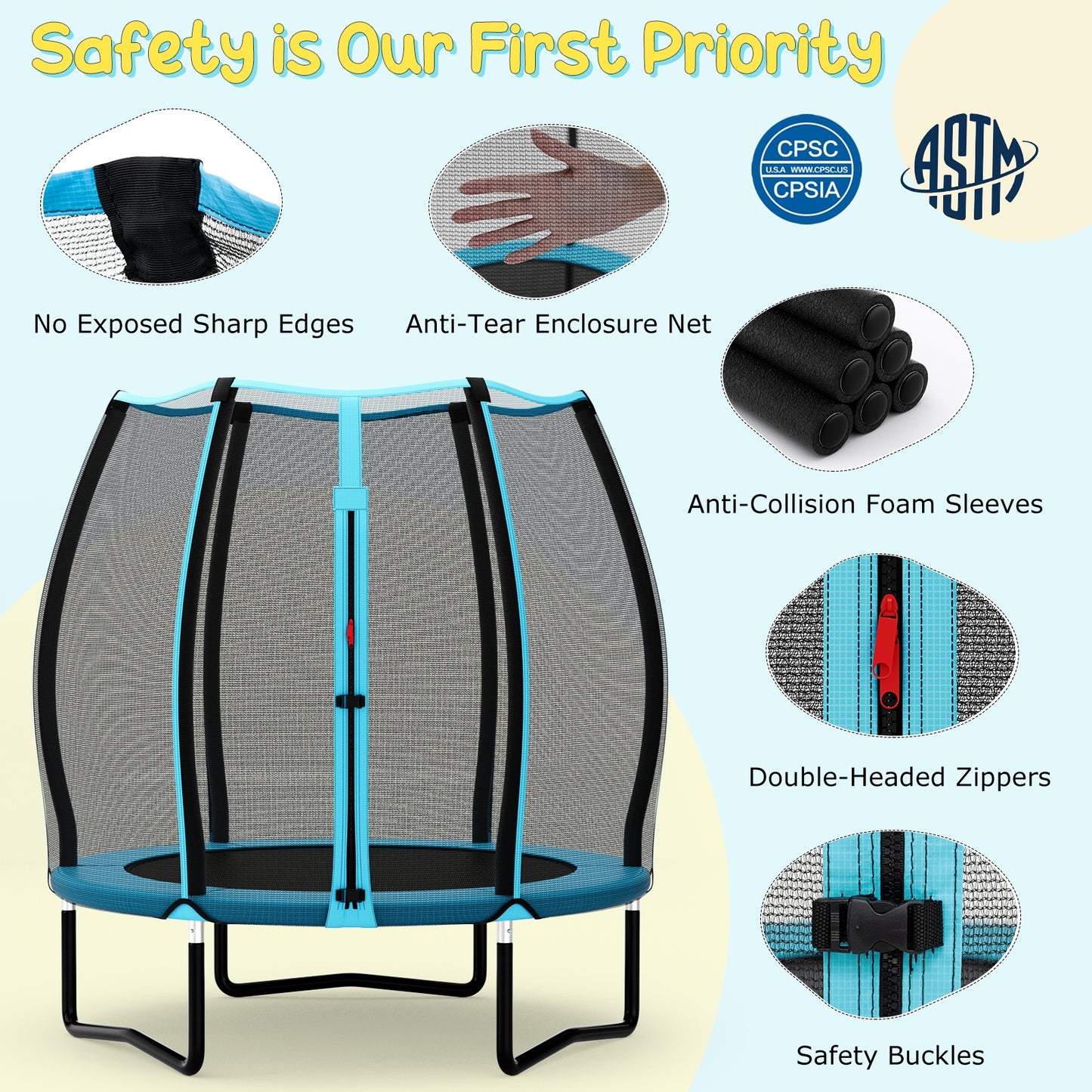55 Inch Trampoline for Kids Toddler Mini Trampoline with Safety Enclosure Net-Blue Kids Crystal