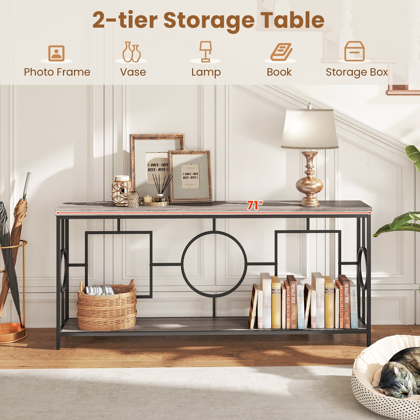 2-Tier Faux Marble Top Console Table with Storage Shelf for Hallway-Rustic Brown Kids Crystal