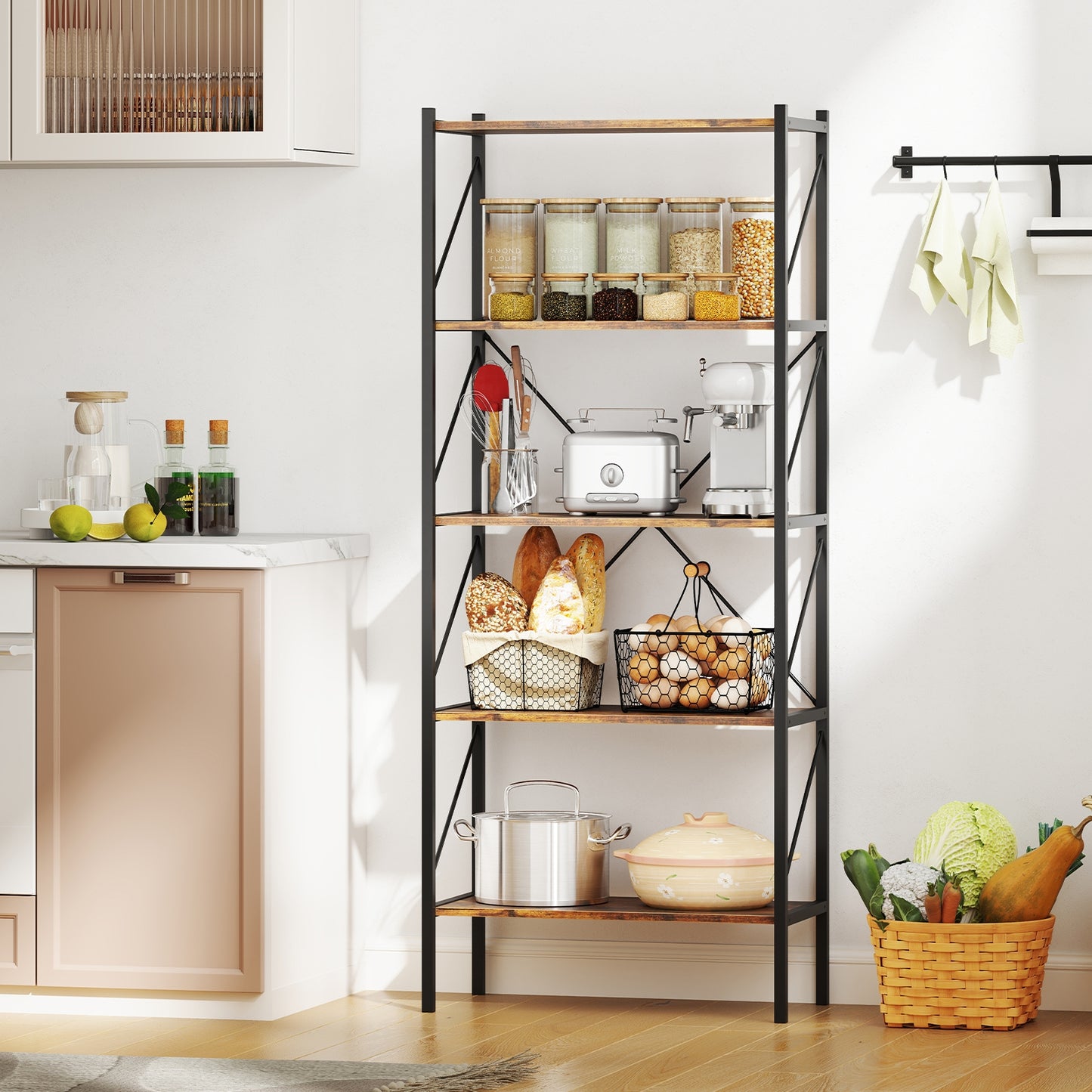 5-Tier Bookshelf with Open Shelves and Heavy Duty Metal Frame-Rustic Brown Kids Crystal