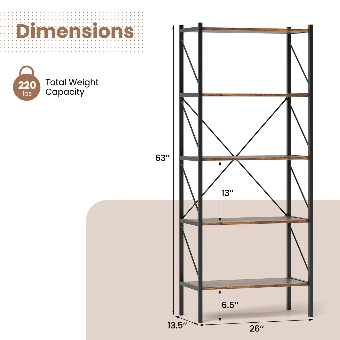 5-Tier Bookshelf with Open Shelves and Heavy Duty Metal Frame-Rustic Brown Kids Crystal
