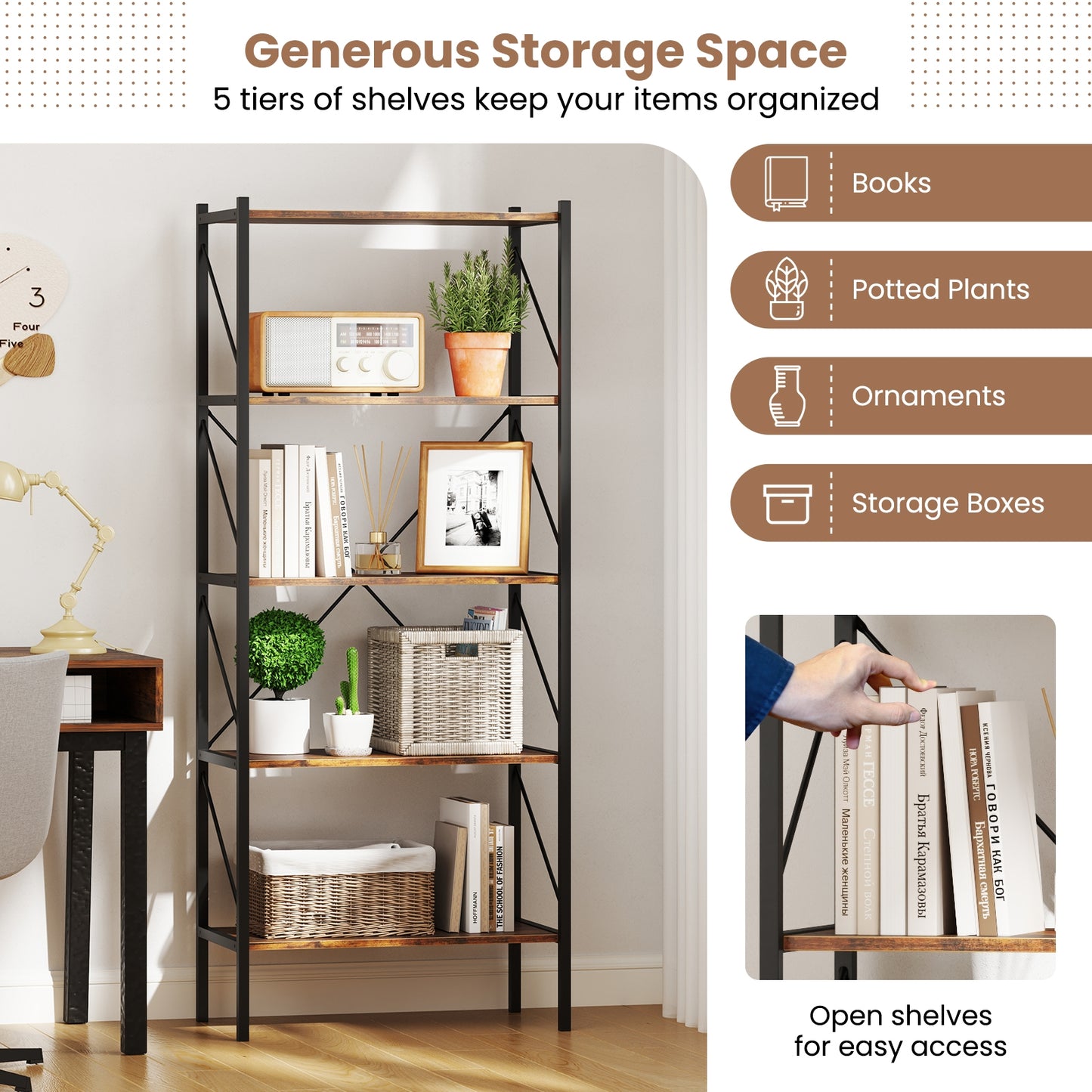 5-Tier Bookshelf with Open Shelves and Heavy Duty Metal Frame-Rustic Brown Kids Crystal