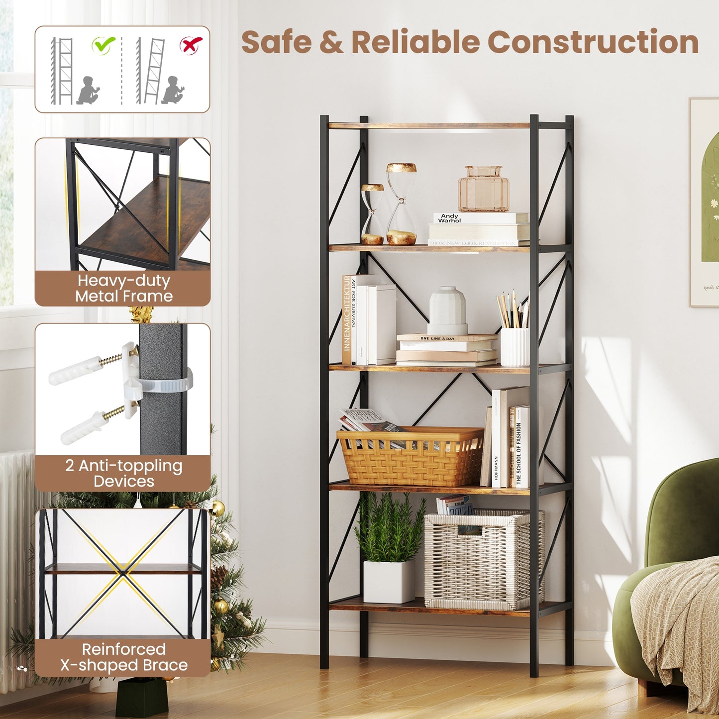 5-Tier Bookshelf with Open Shelves and Heavy Duty Metal Frame-Rustic Brown Kids Crystal