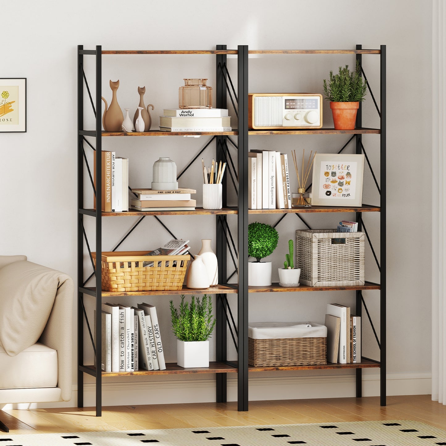 5-Tier Bookshelf with Open Shelves and Heavy Duty Metal Frame-Rustic Brown Kids Crystal