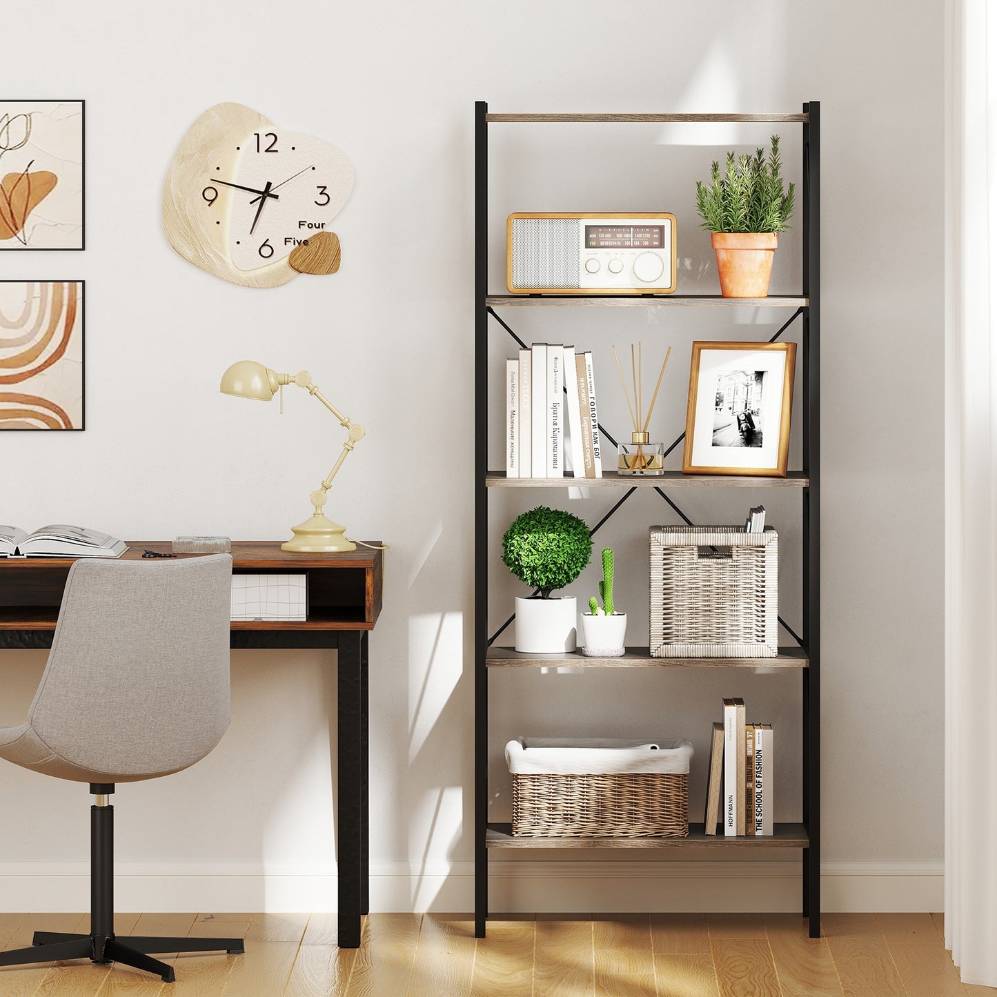 5-Tier Bookshelf with Open Shelves and Heavy Duty Metal Frame-Gray Kids Crystal