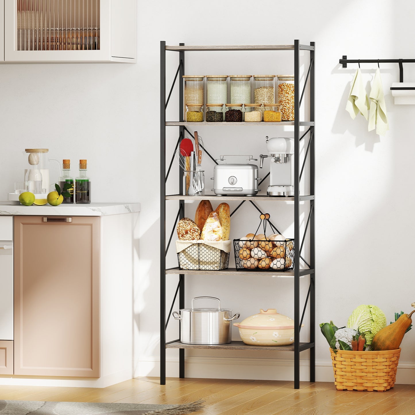 5-Tier Bookshelf with Open Shelves and Heavy Duty Metal Frame-Gray Kids Crystal