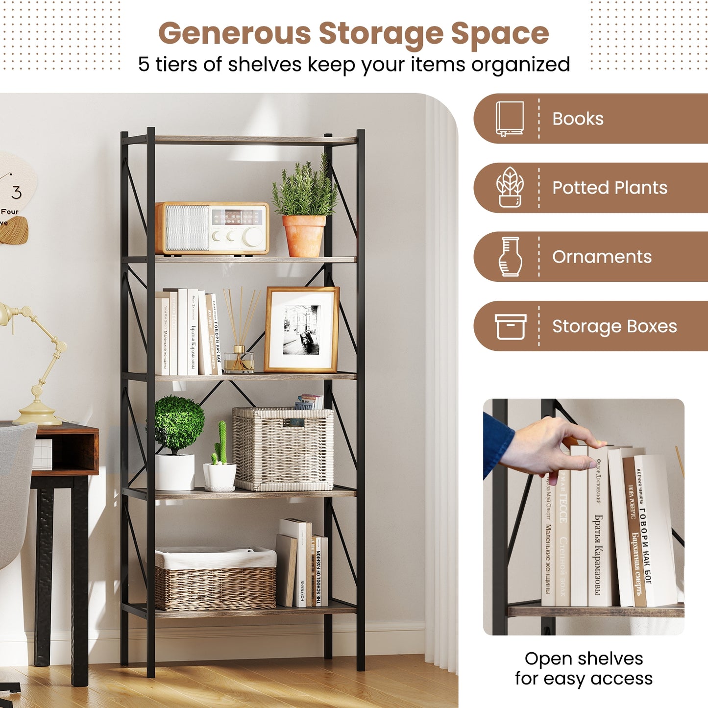 5-Tier Bookshelf with Open Shelves and Heavy Duty Metal Frame-Gray Kids Crystal