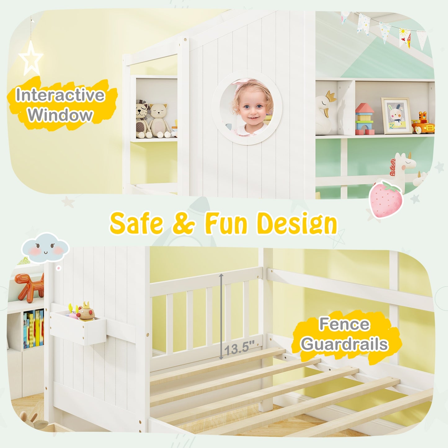 Twin Size House Bed with 2 Storage Drawers and Fence Guardrails-White Kids Crystal