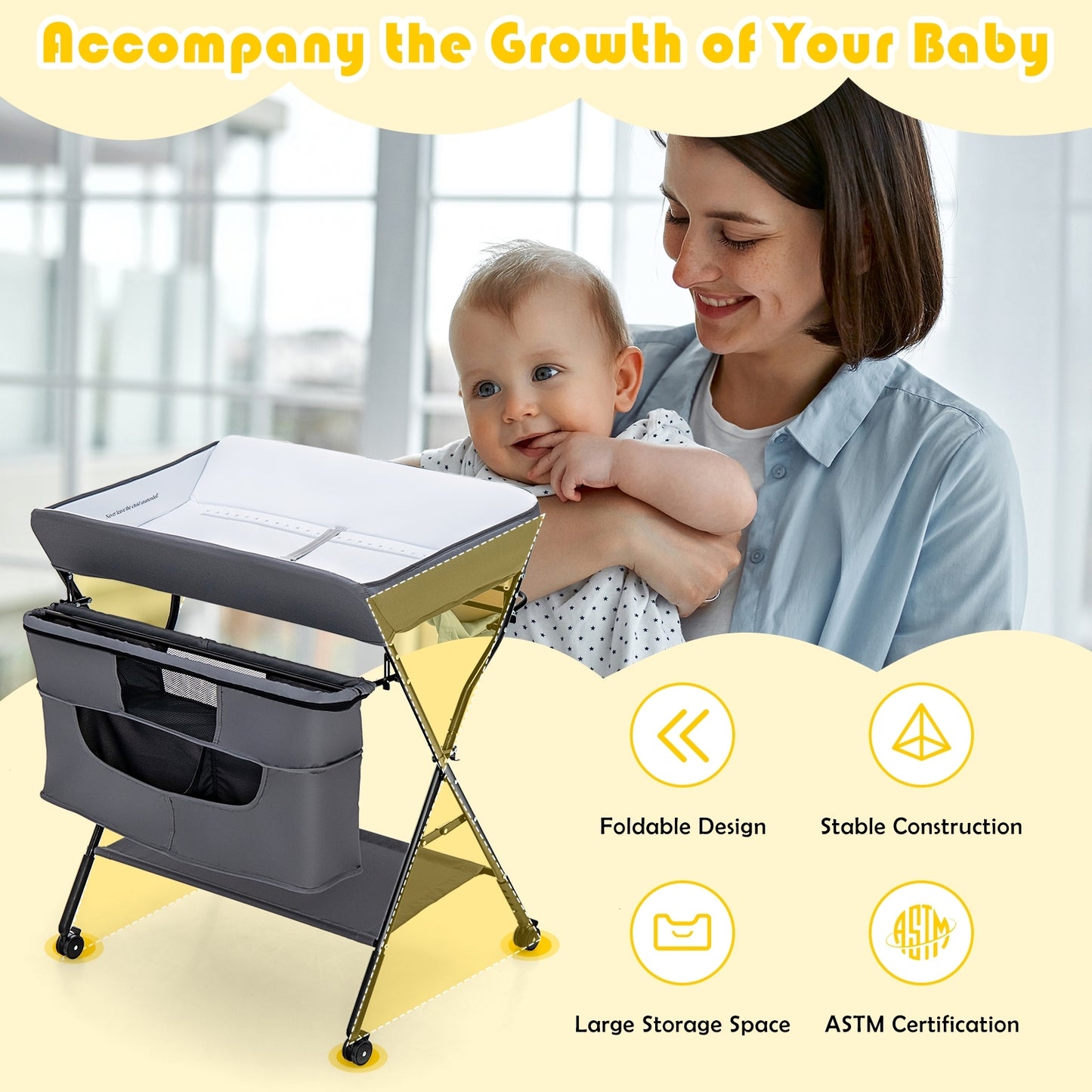 Portable Adjustable Height Newborn Nursery Organizer with wheel-Gray Kids Crystal
