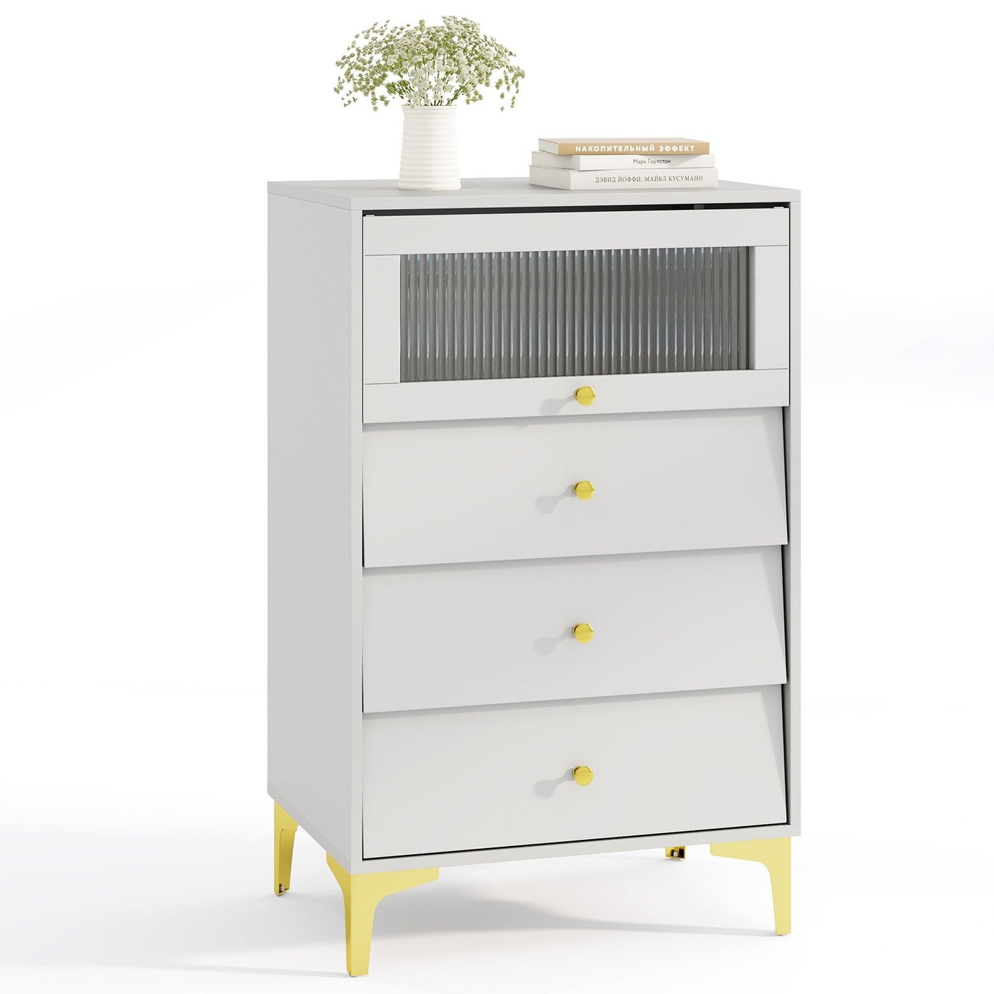 Modern Storage Cabinet with Flip Up Fluted Glass Door and Pull-out Drawers-Gray Kids Crystal