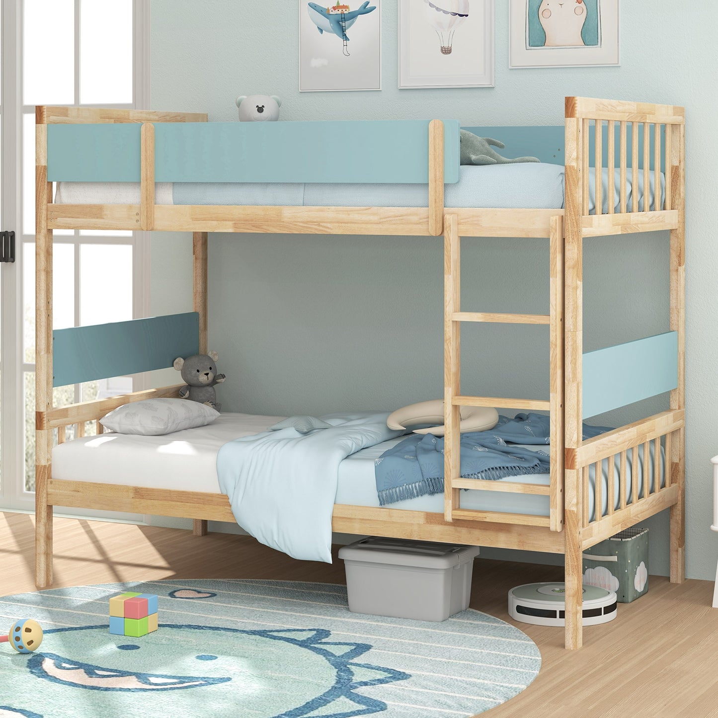 Twin Over Twin Bunk Bed with Ladder and Full-length Guardrails-Natural Kids Crystal