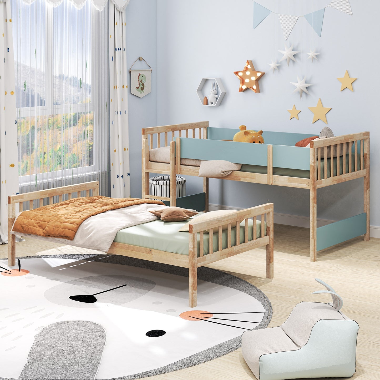 Twin Over Twin Bunk Bed with Ladder and Full-length Guardrails-Natural Kids Crystal