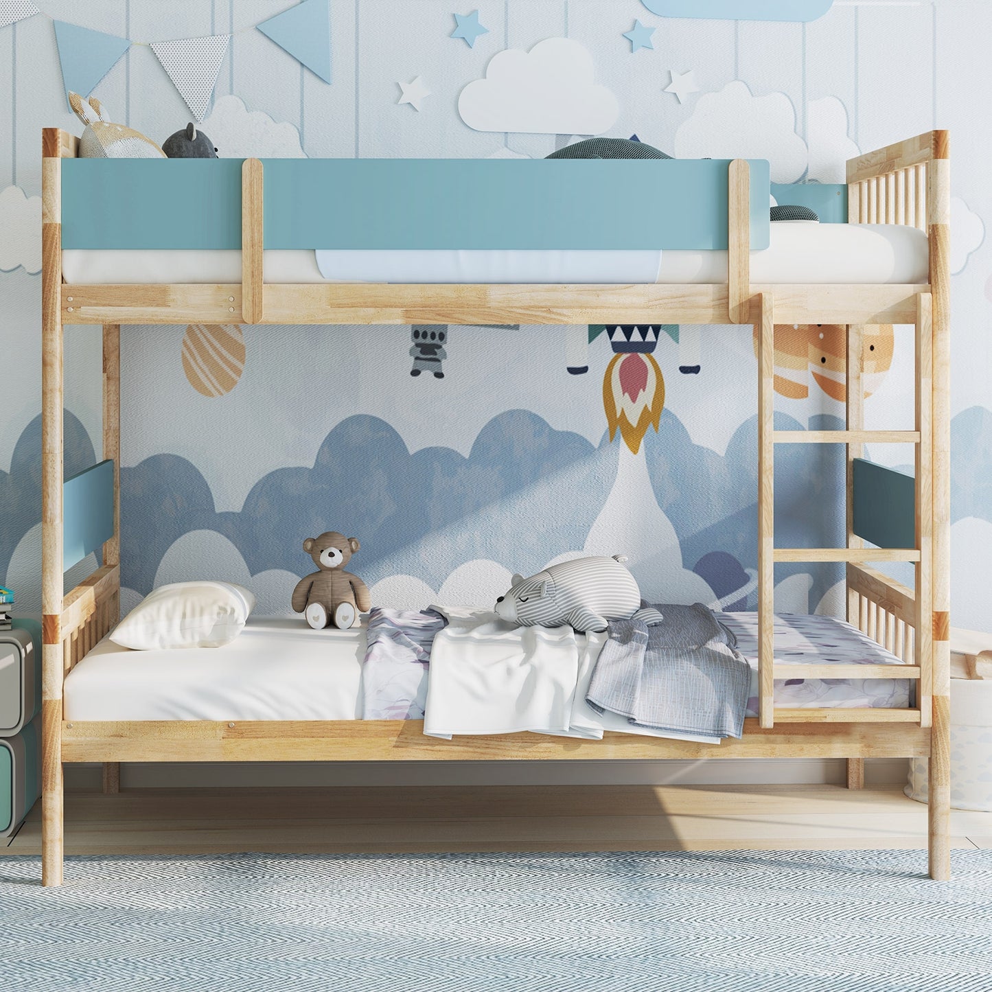 Twin Over Twin Bunk Bed with Ladder and Full-length Guardrails-Natural Kids Crystal