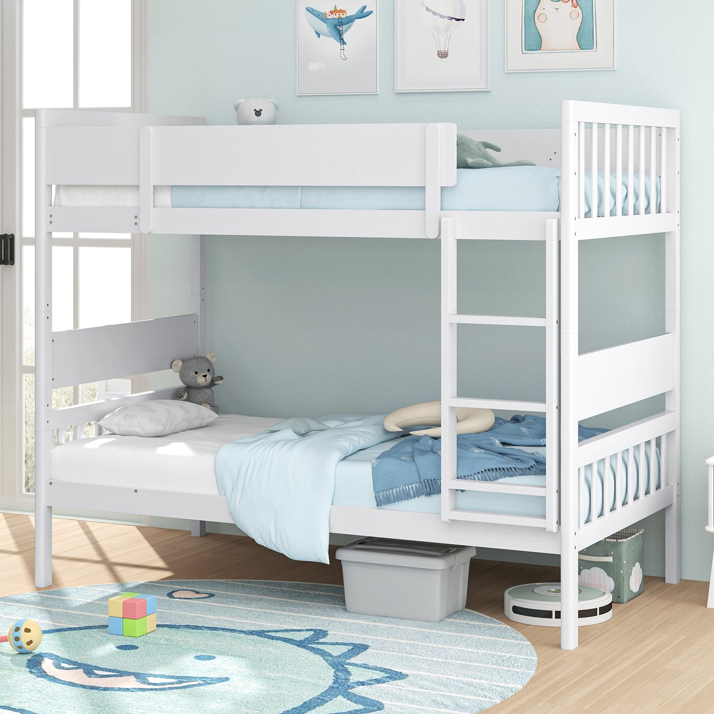 Twin Over Twin Bunk Bed with Ladder and Full-length Guardrails-White Kids Crystal