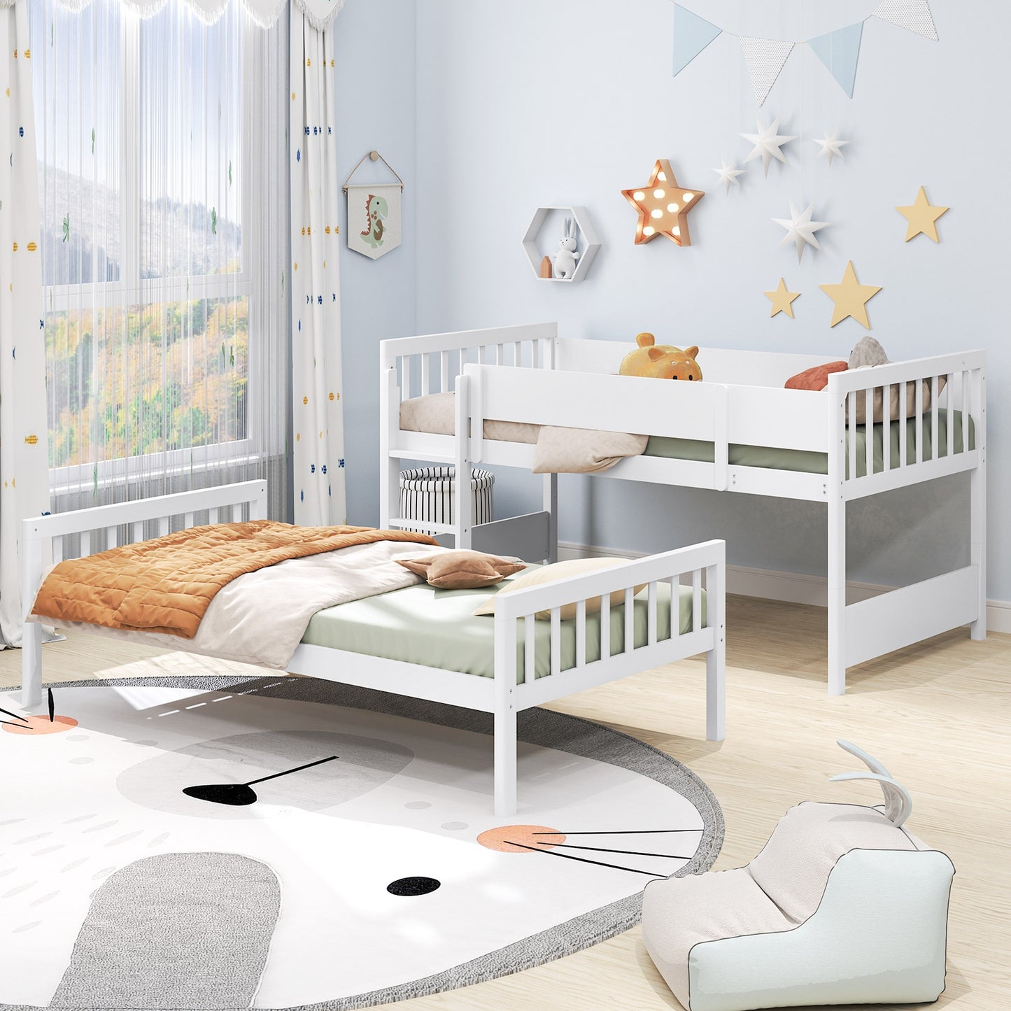 Twin Over Twin Bunk Bed with Ladder and Full-length Guardrails-White Kids Crystal