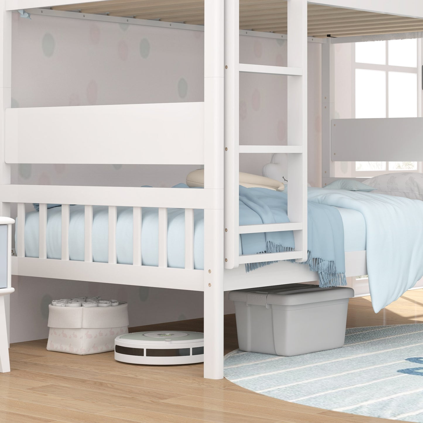 Twin Over Twin Bunk Bed with Ladder and Full-length Guardrails-White Kids Crystal