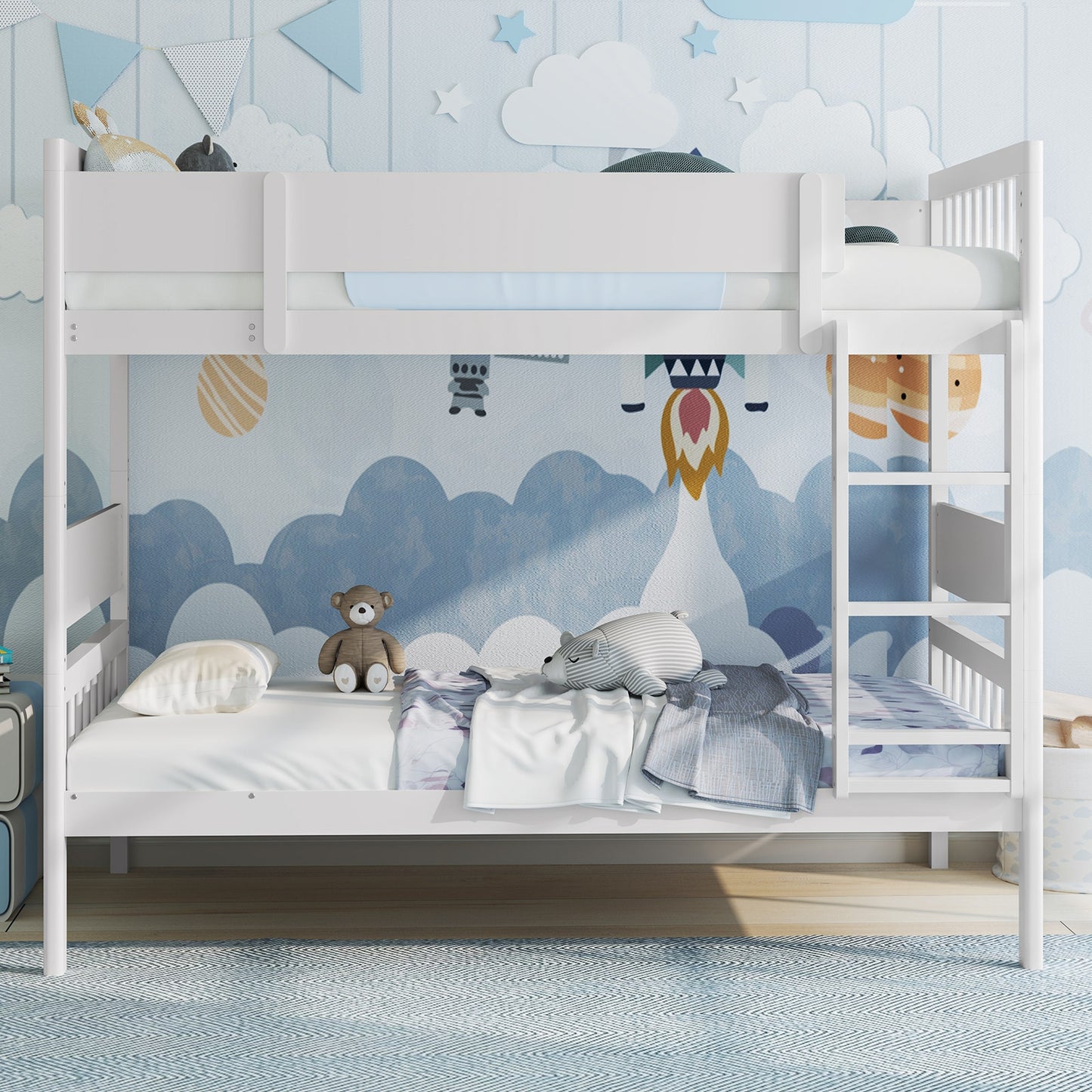 Twin Over Twin Bunk Bed with Ladder and Full-length Guardrails-White Kids Crystal