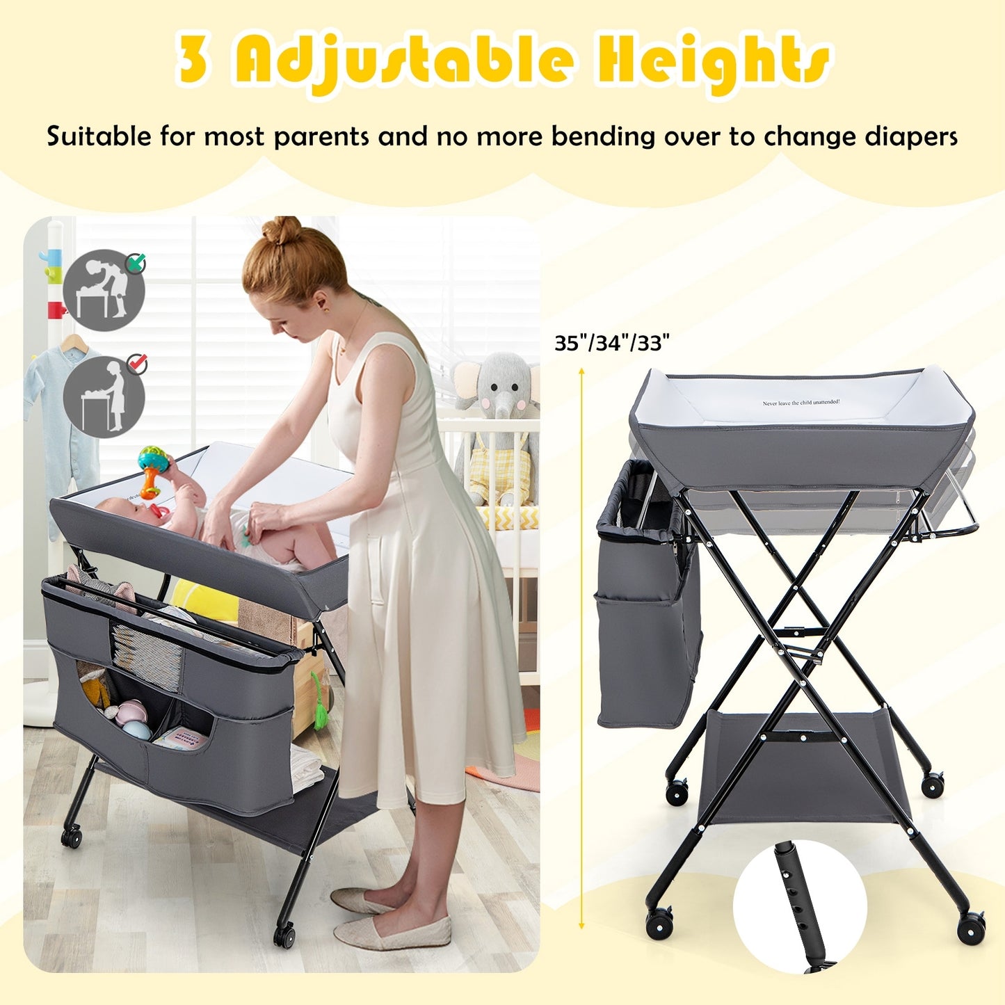 Portable Adjustable Height Newborn Nursery Organizer with wheel-Gray Kids Crystal