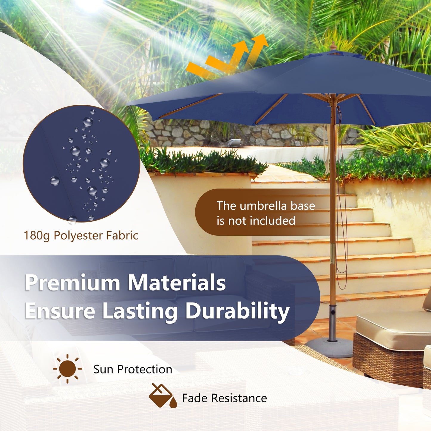 10 Feet Patio Umbrella with 8 Wooden Ribs and 3 Adjustable Heights-Navy Kids Crystal