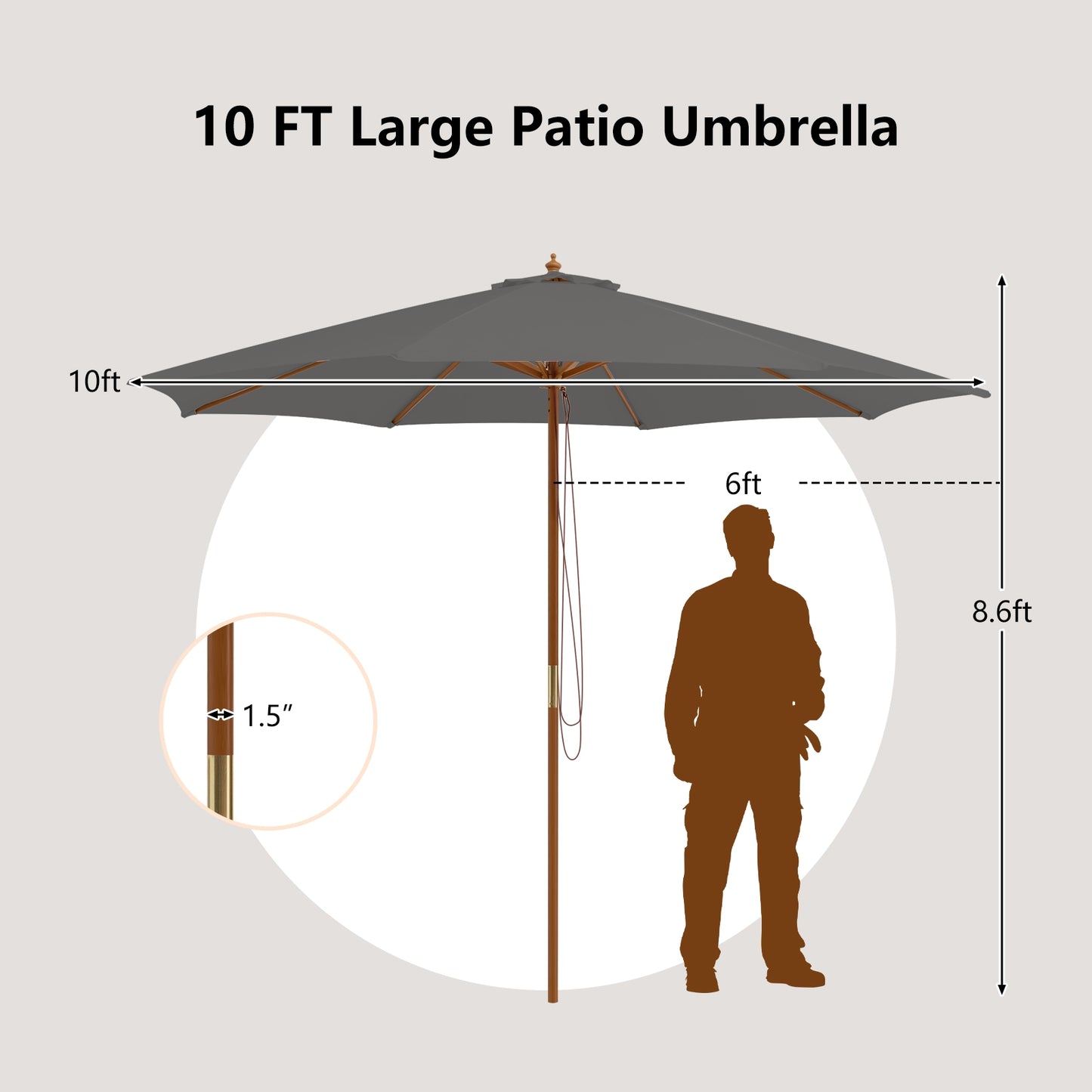10 Feet Patio Umbrella with 8 Wooden Ribs and 3 Adjustable Heights-Gray Kids Crystal