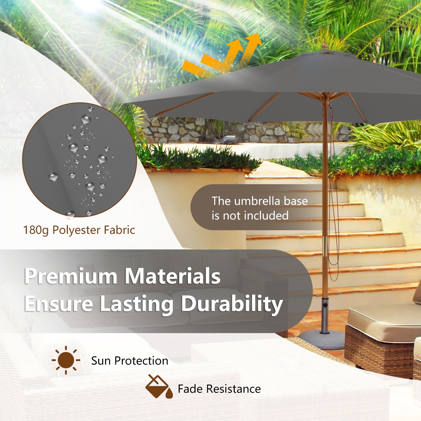 10 Feet Patio Umbrella with 8 Wooden Ribs and 3 Adjustable Heights-Gray Kids Crystal