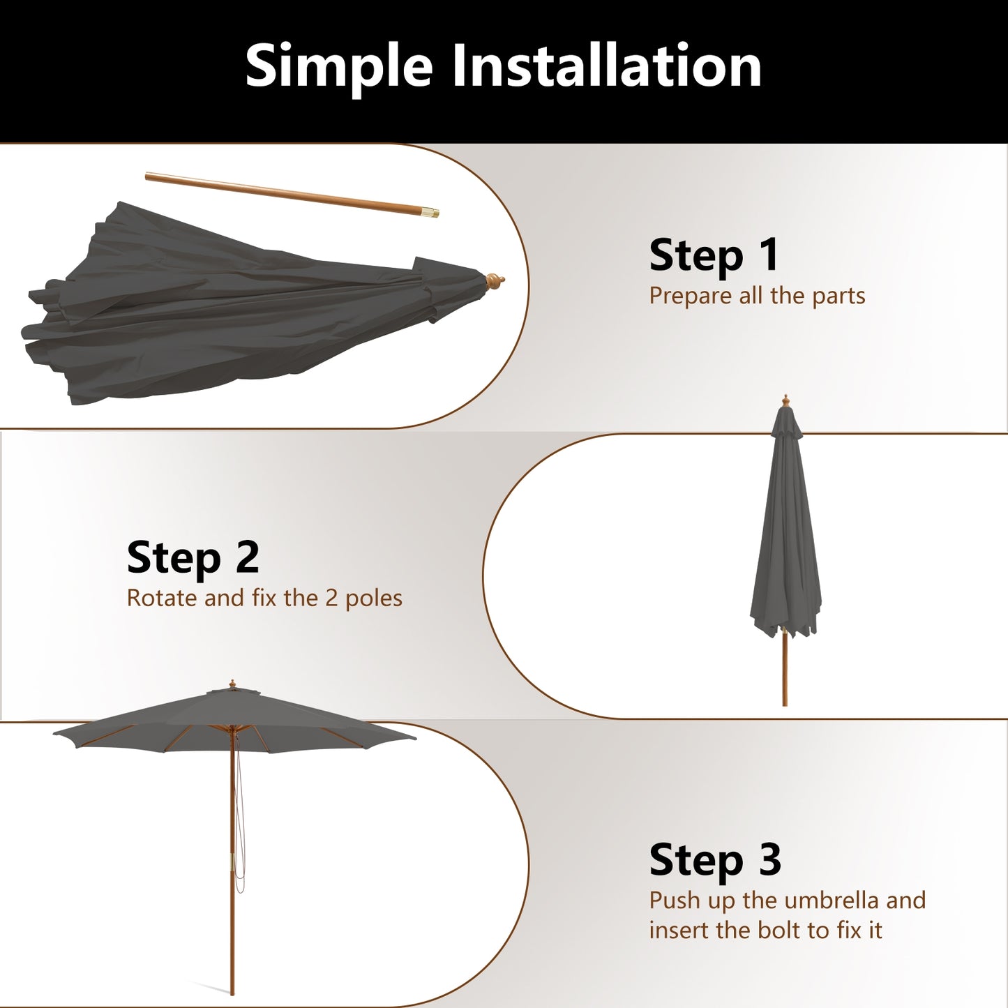 10 Feet Patio Umbrella with 8 Wooden Ribs and 3 Adjustable Heights-Gray Kids Crystal
