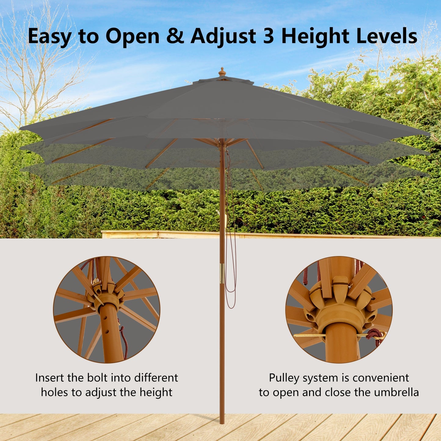 10 Feet Patio Umbrella with 8 Wooden Ribs and 3 Adjustable Heights-Gray Kids Crystal