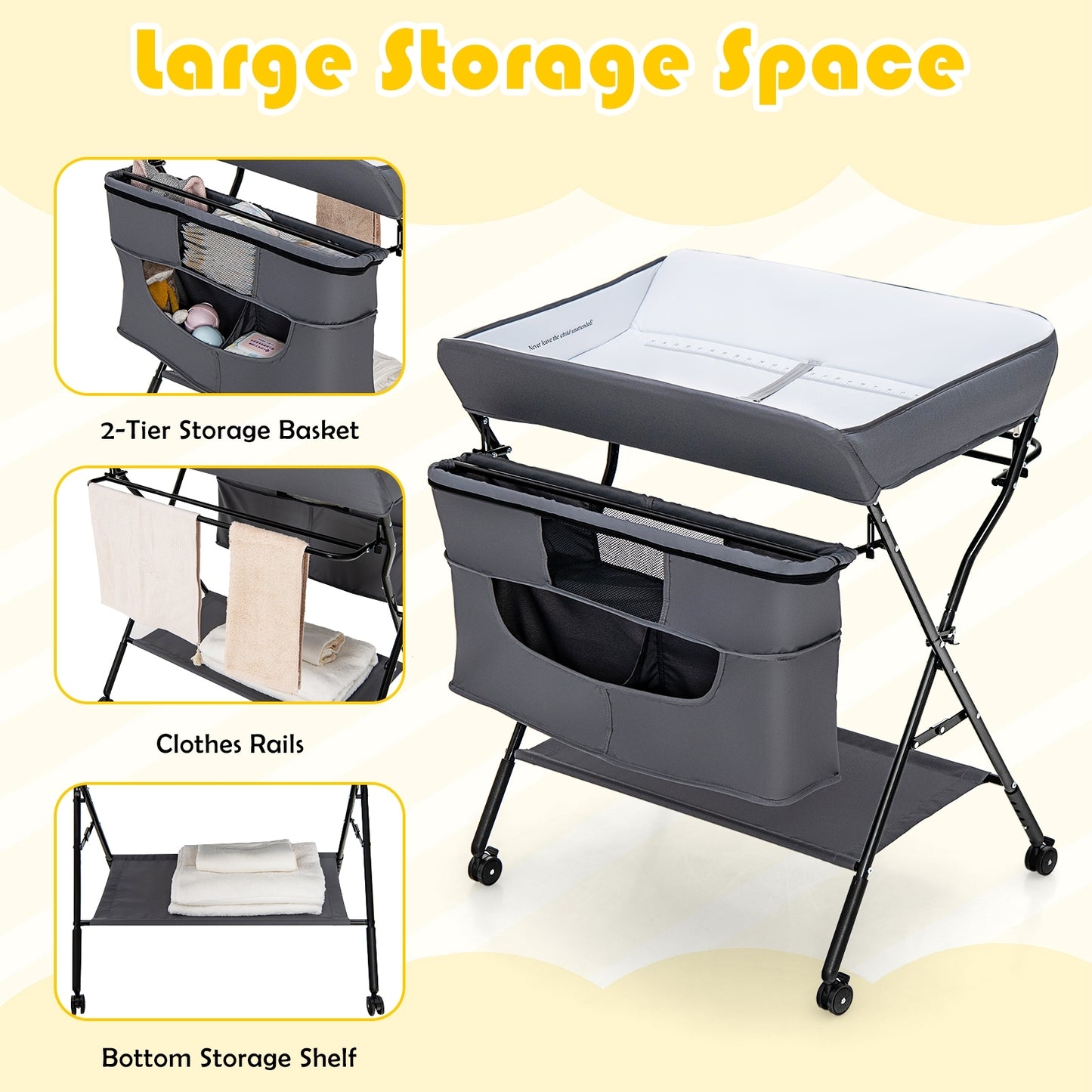 Portable Adjustable Height Newborn Nursery Organizer with wheel-Gray Kids Crystal