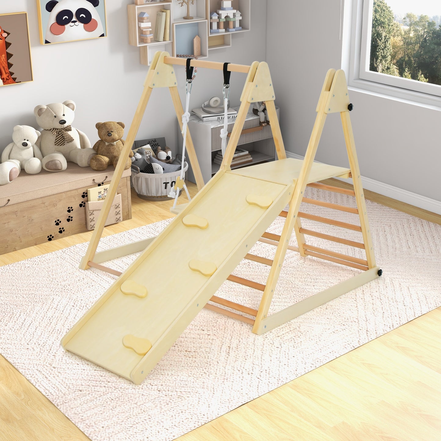 5-in-1 Indoor Jungle Gym Foldable Climber Playset with Fun Slide and Adjustable Swing Kids Crystal