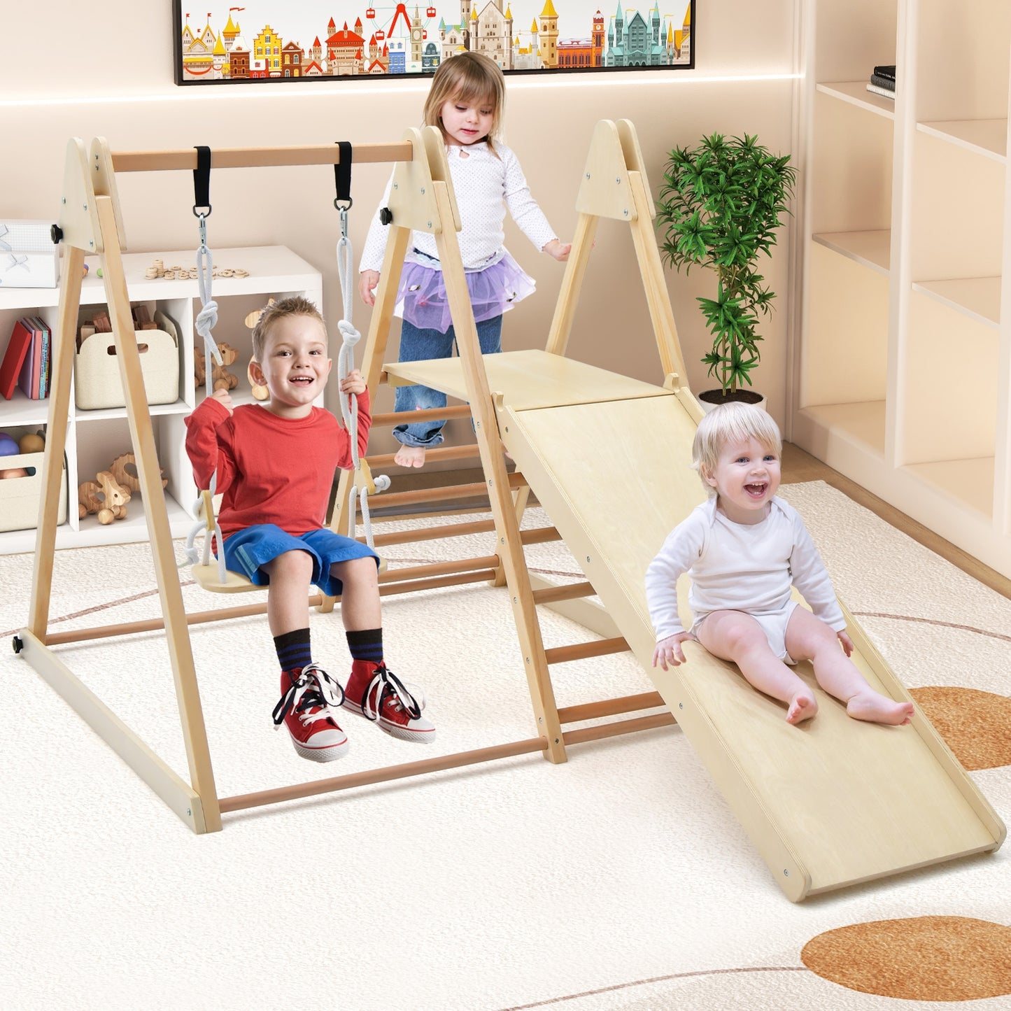 5-in-1 Indoor Jungle Gym Foldable Climber Playset with Fun Slide and Adjustable Swing Kids Crystal