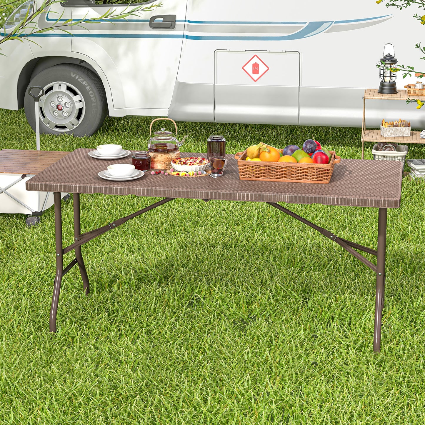 5FT Folding Picnic Table with Rattan Grain HDPE Tabletop and Sturdy Metal Fame-Coffee Kids Crystal