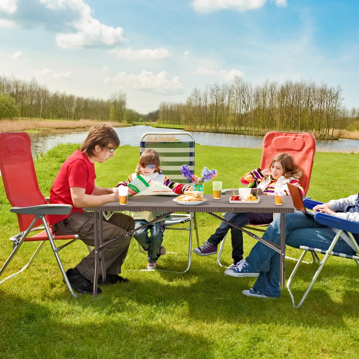 5FT Folding Picnic Table with Rattan Grain HDPE Tabletop and Sturdy Metal Fame-Coffee Kids Crystal